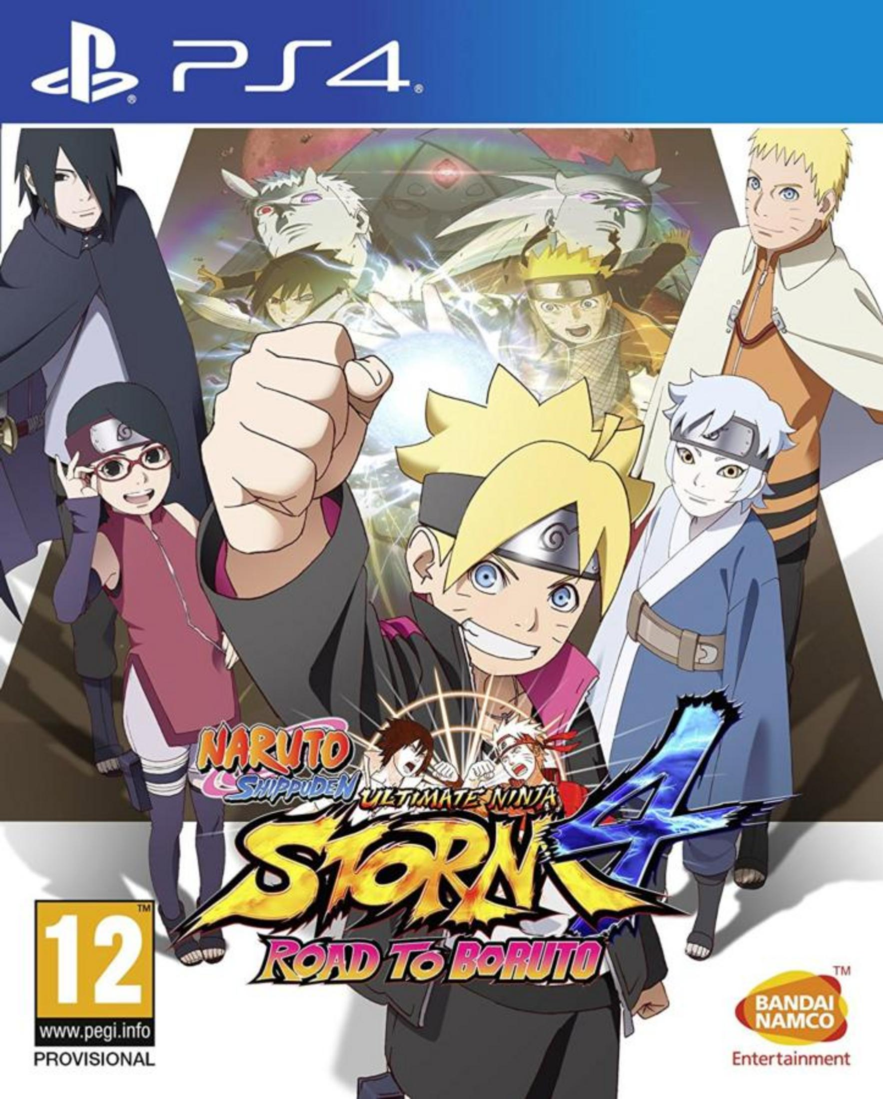 Portada del juego PS4: Naruto Shippuden Ultimate Ninja Storm 4 Road to Boruto con personajes.