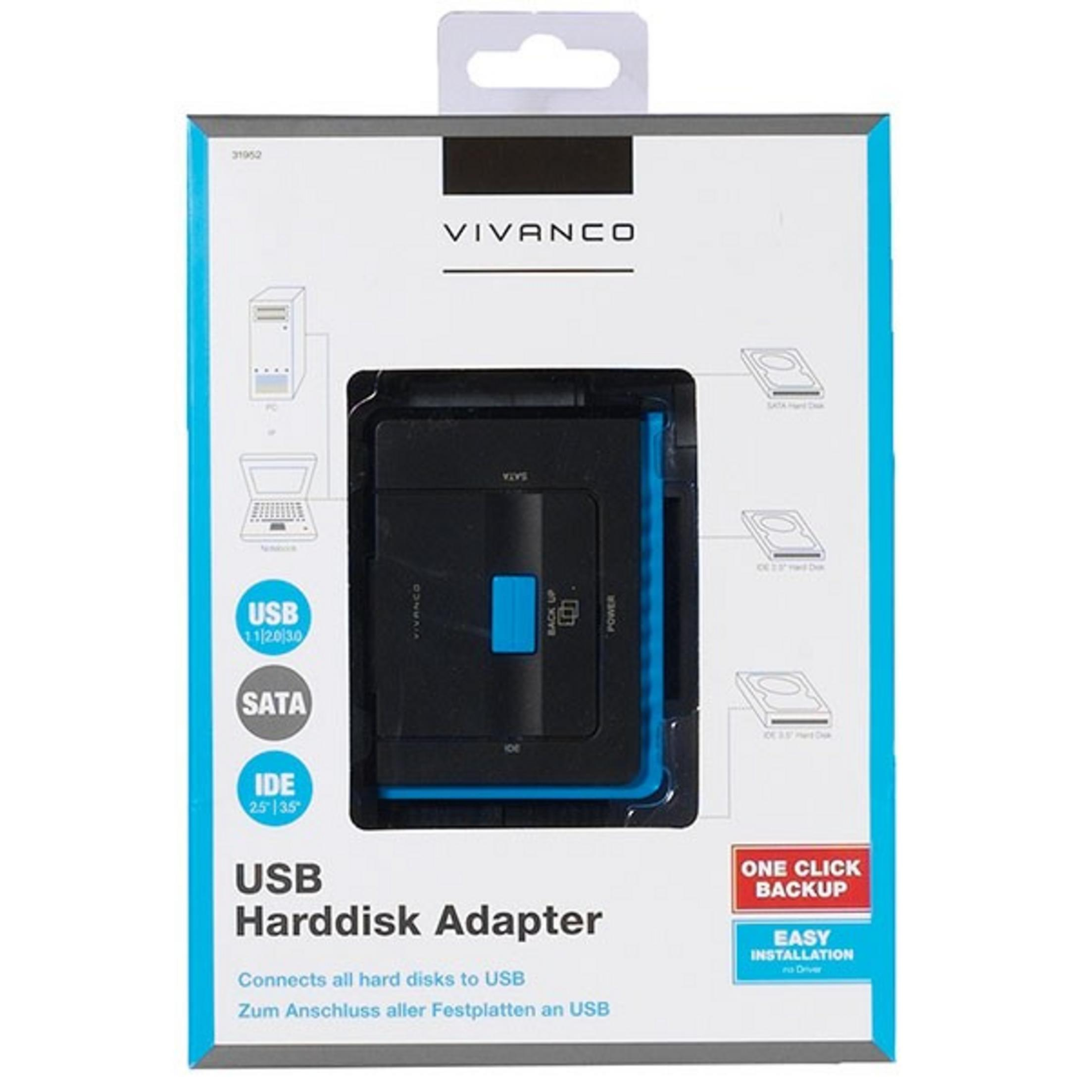 Verpackung eines Vivanco USB-Festplattenadapters mit SATA/IDE-Anschlüssen.