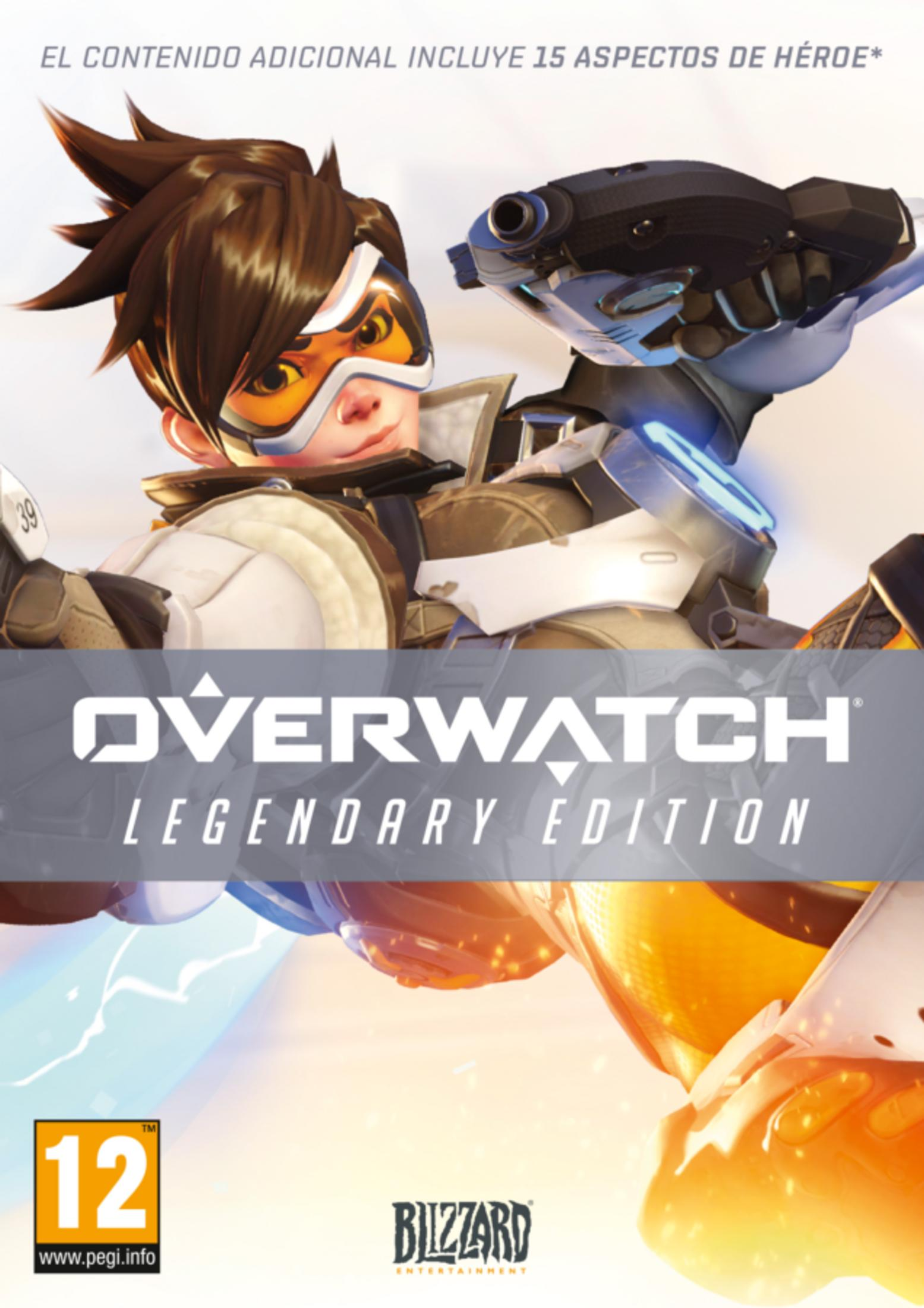 Tracer z Overwatch w pomarańczowych goglach trzymająca broń. Tekst: Overwatch Legendary Edition.