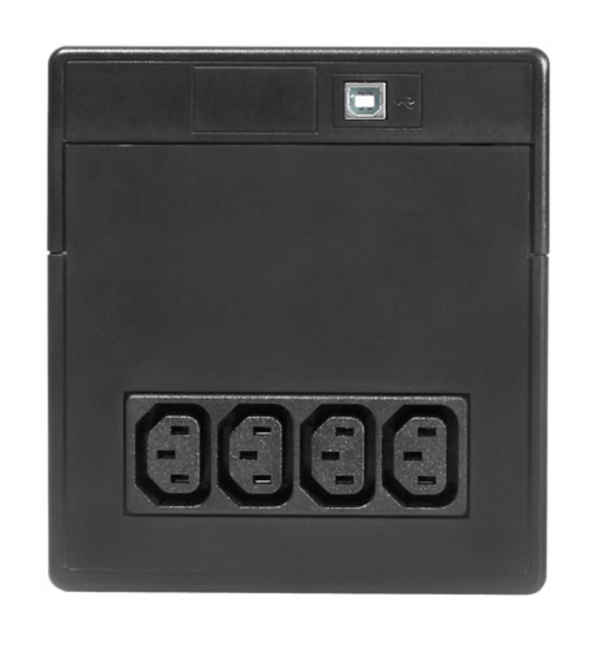 Caja negra con cuatro enchufes y un puerto USB arriba.