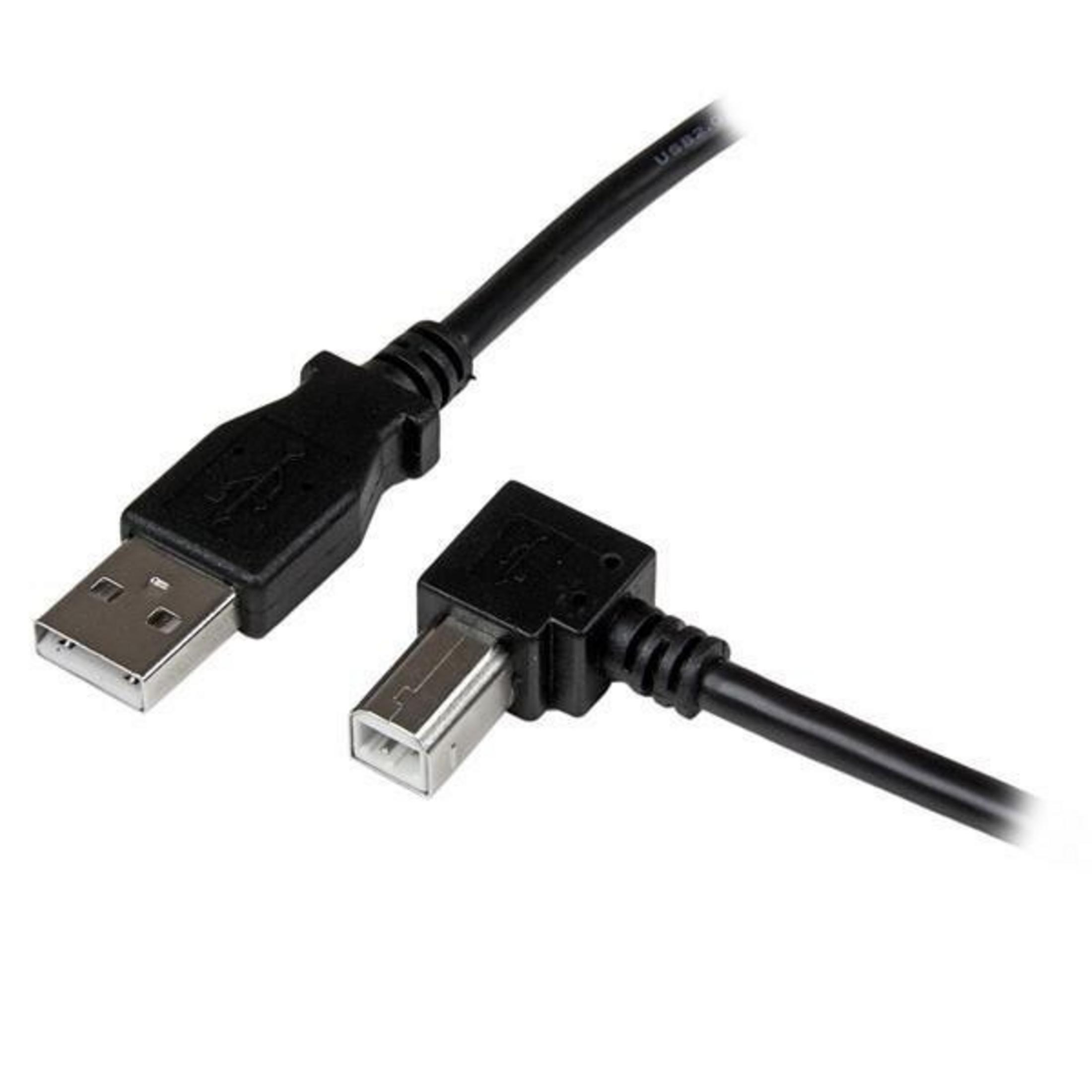 Un cavo USB nero con un connettore dritto e uno angolato.
