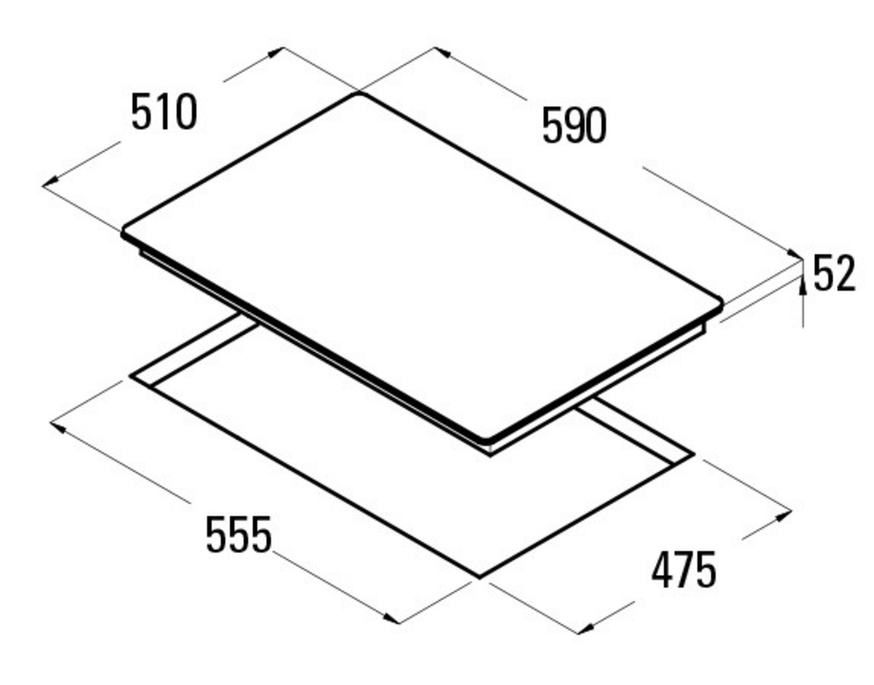 Disegno tecnico di un piano cottura con dimensioni 510x590x52 mm e foro 555x475 mm.