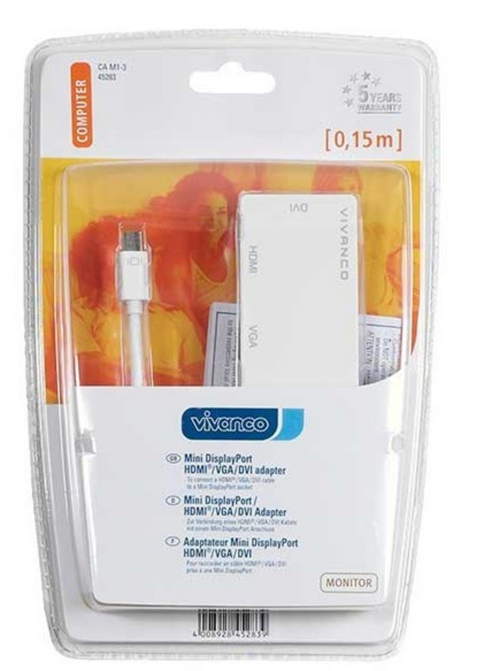 Adattatore Vivanco Mini DisplayPort per HDMI/VGA/DVI in confezione.