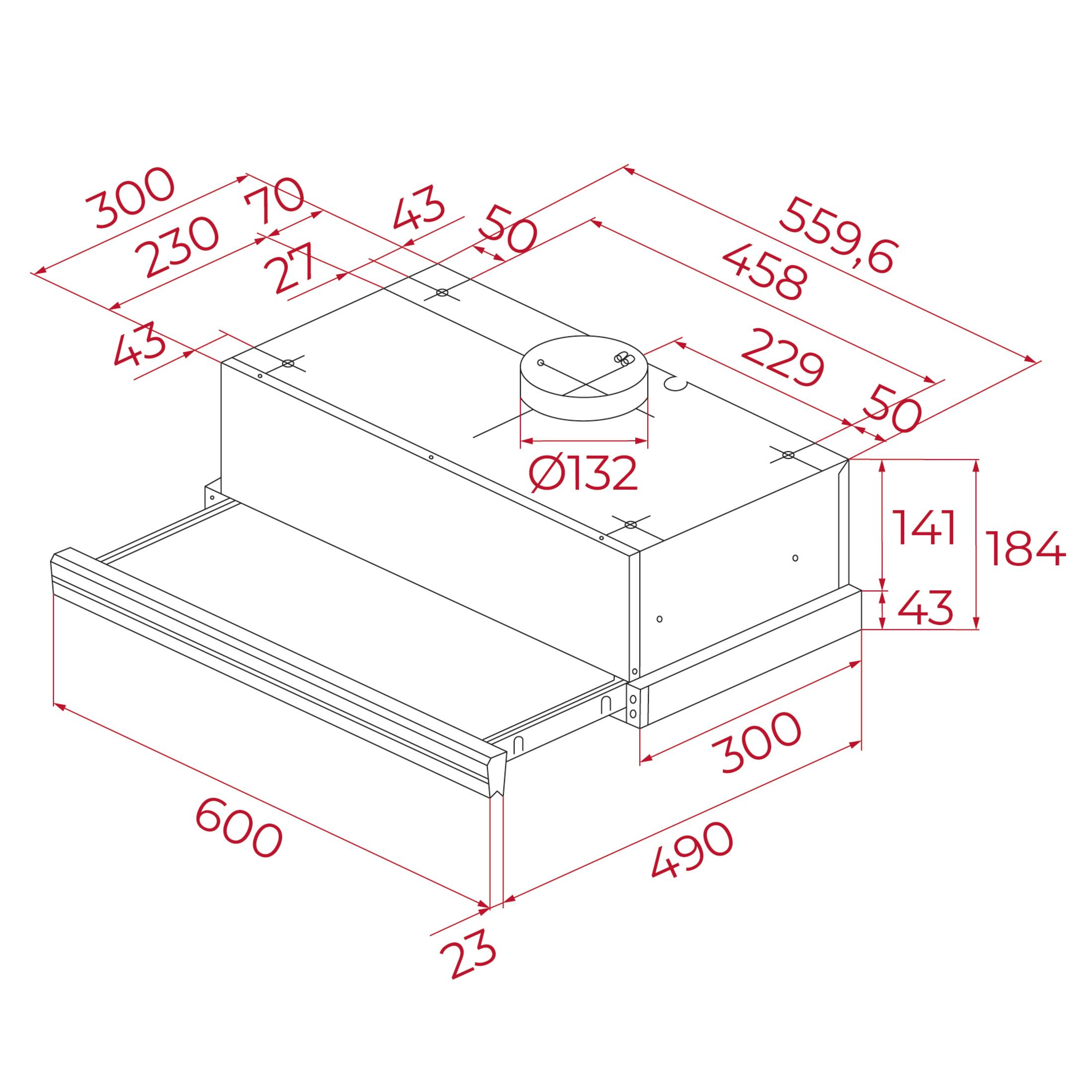 Disegno tecnico di una cappa aspirante con dimensioni.