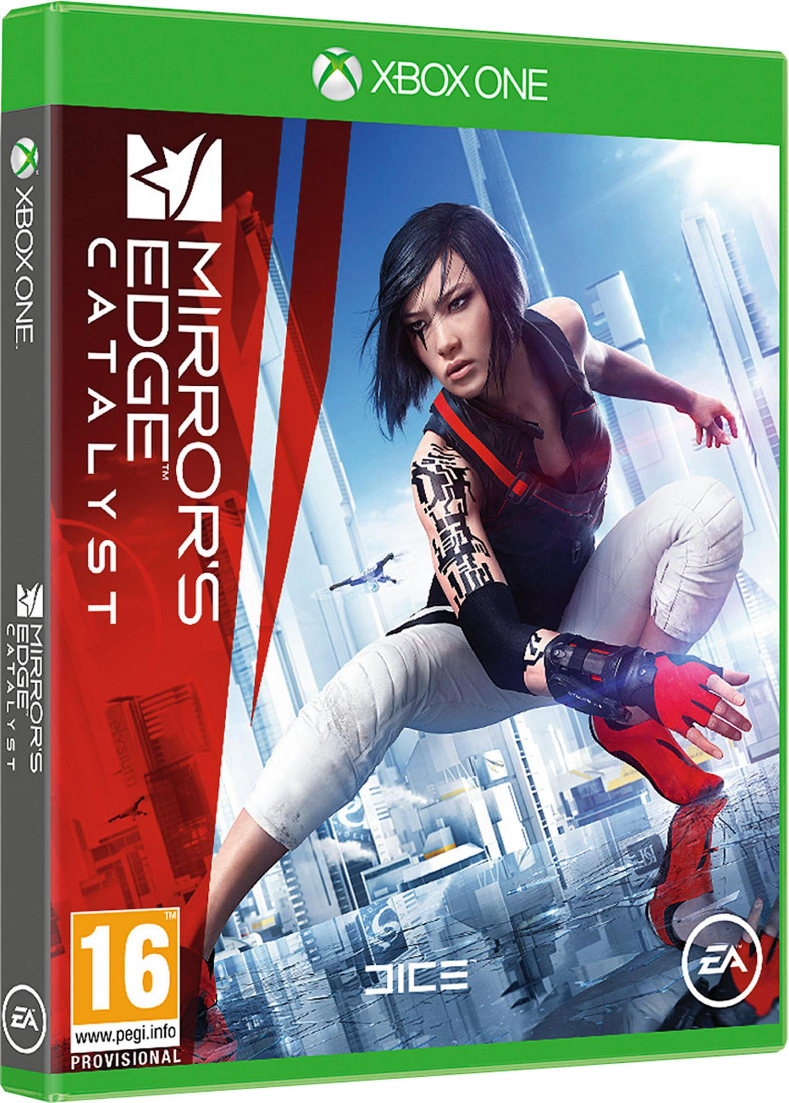 Copertina gioco Xbox One: Donna con tatuaggi salta in città futuristica.