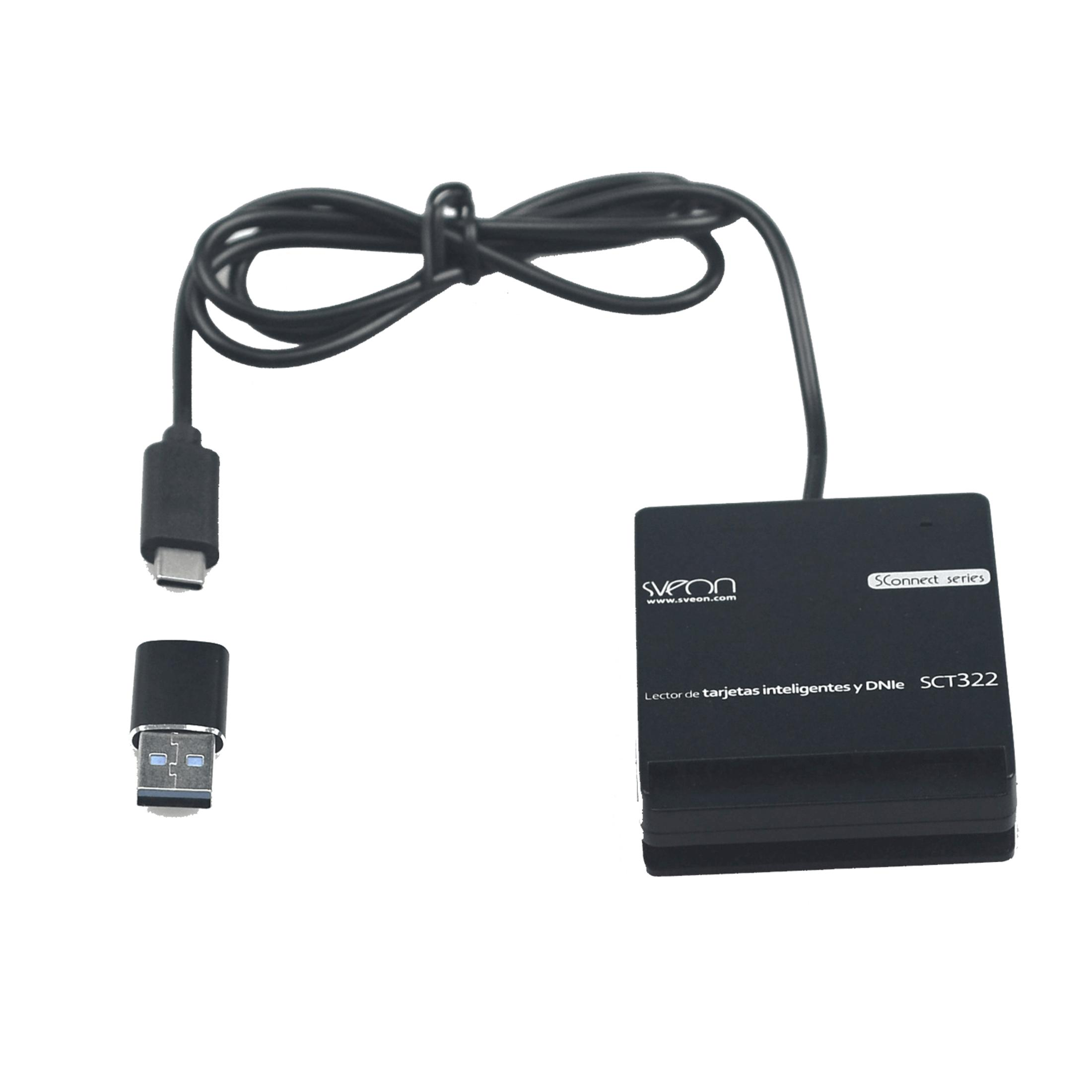 Un lector de tarjetas negro con cable y adaptador USB-A sobre fondo blanco.
