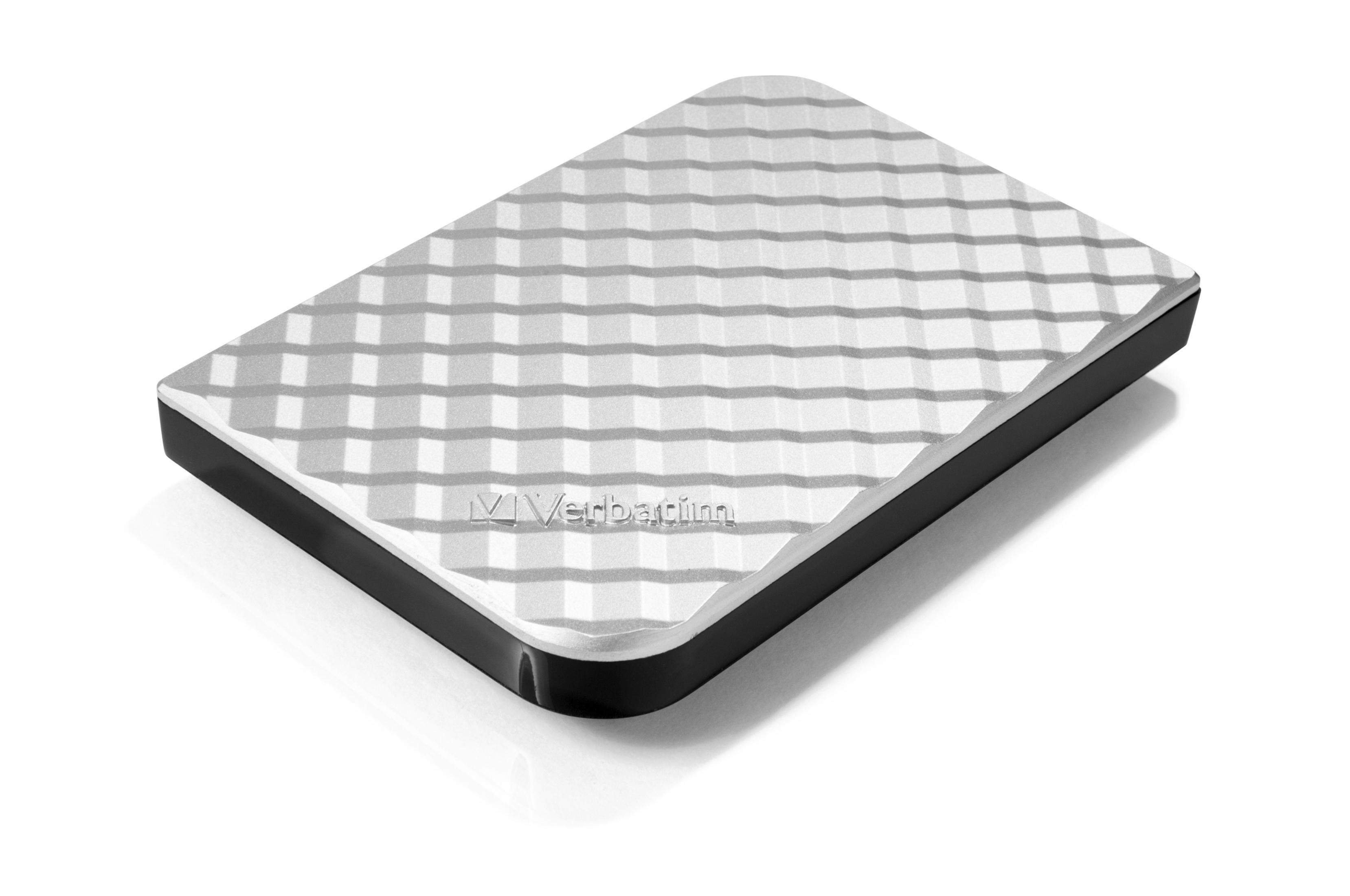 Hard disk esterno argentato con motivo a nido d'ape e bordo nero.