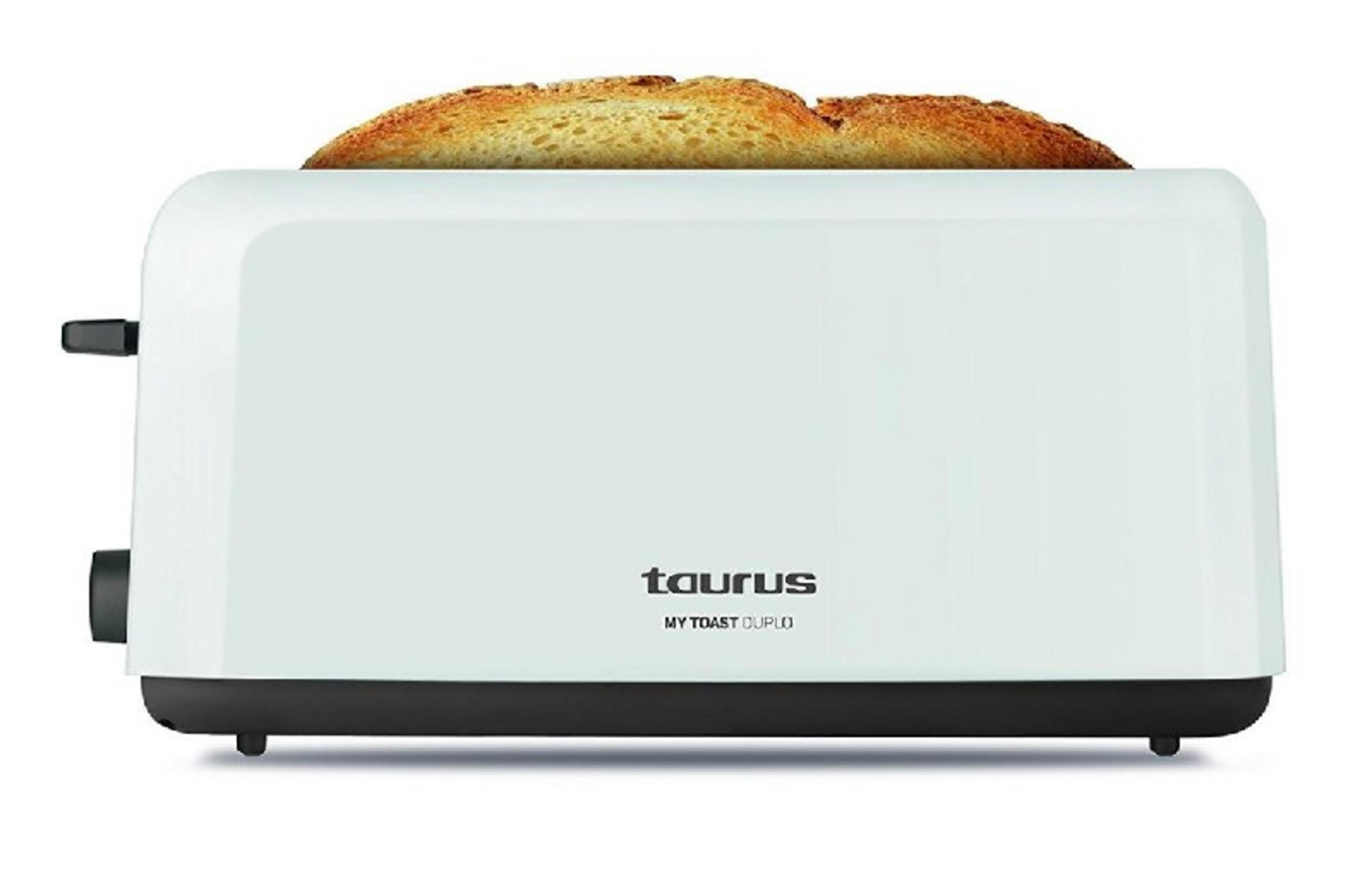 Un tostapane bianco con due fette di pane che spuntano. È visibile il nome del marchio "Taurus".