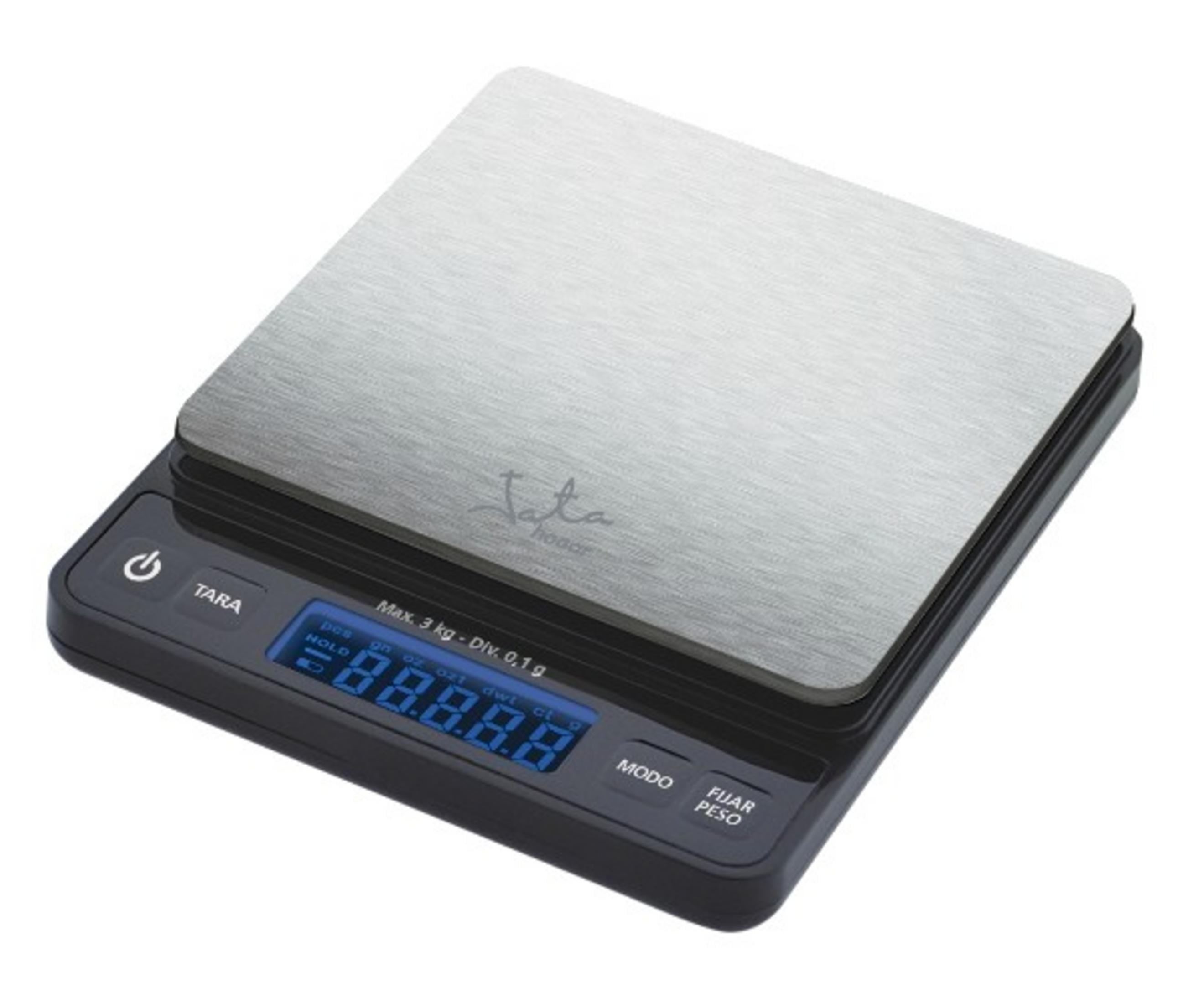 Una bilancia da cucina digitale con piano in acciaio inox e base nera.