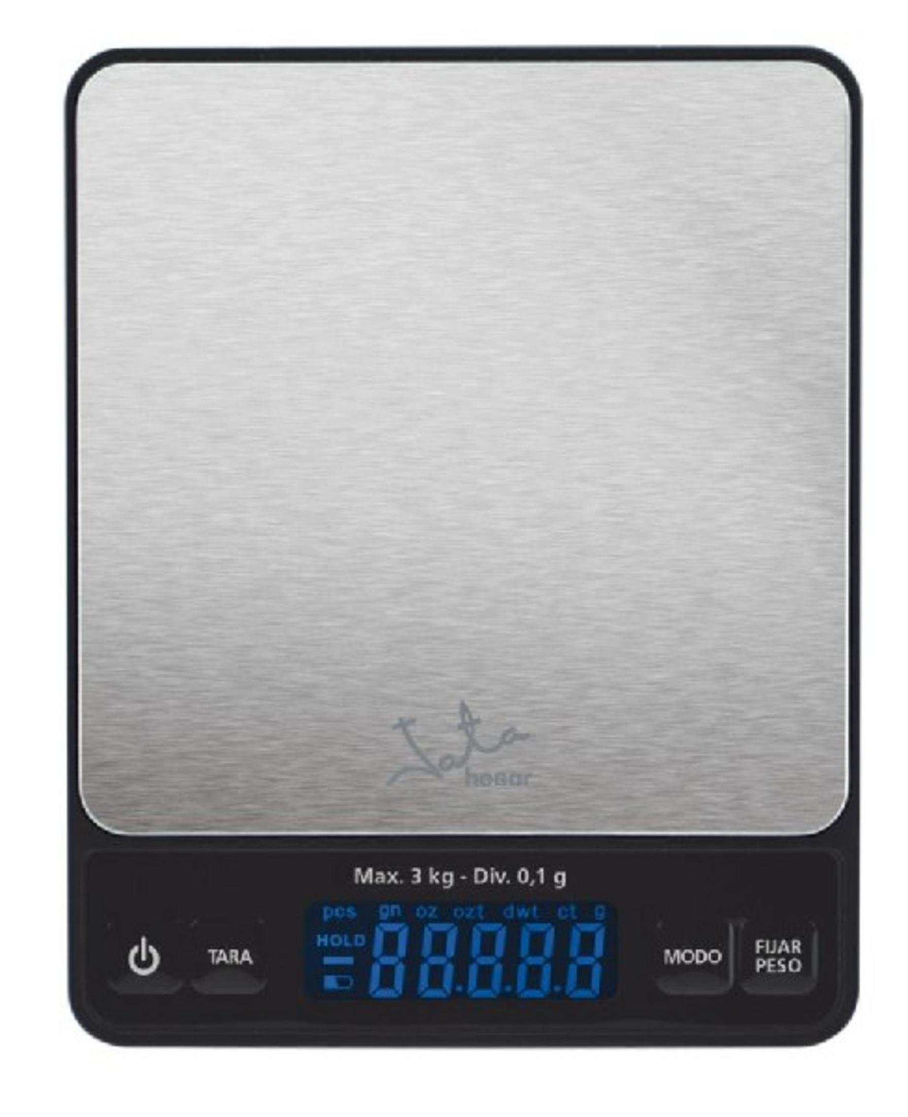 Una bilancia da cucina digitale in acciaio inossidabile con cornice nera e display LCD.