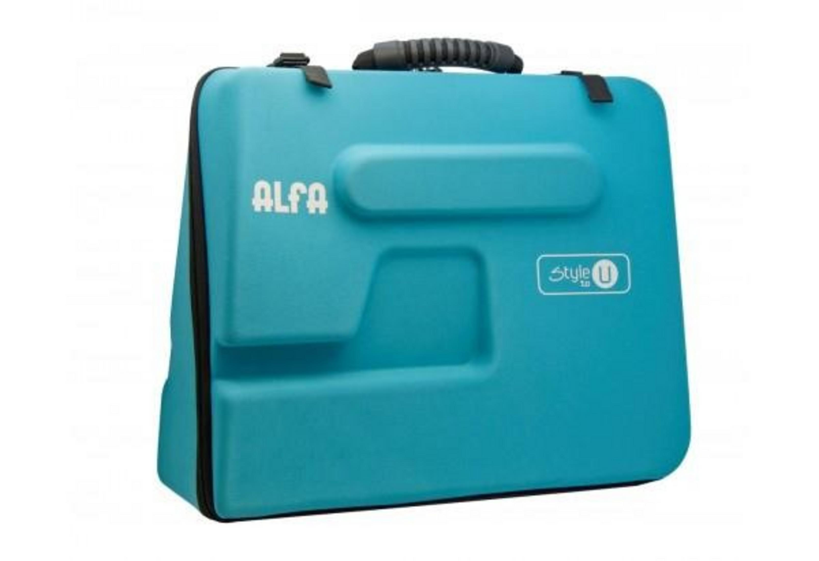 Un estuche turquesa con asa negra y logos. Ideal para máquinas de coser.