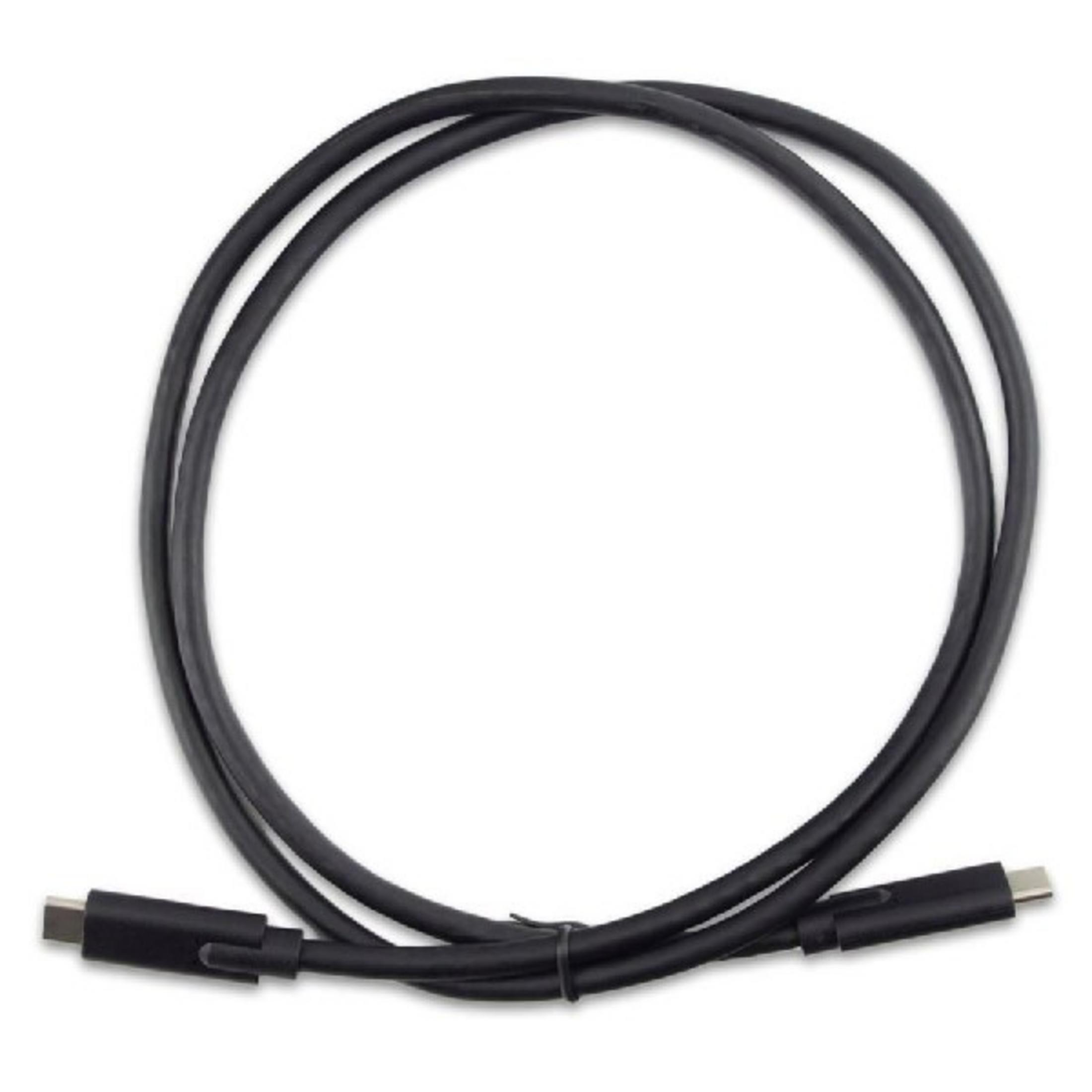 Un cavo USB-C nero con entrambe le estremità visibili, su sfondo bianco.