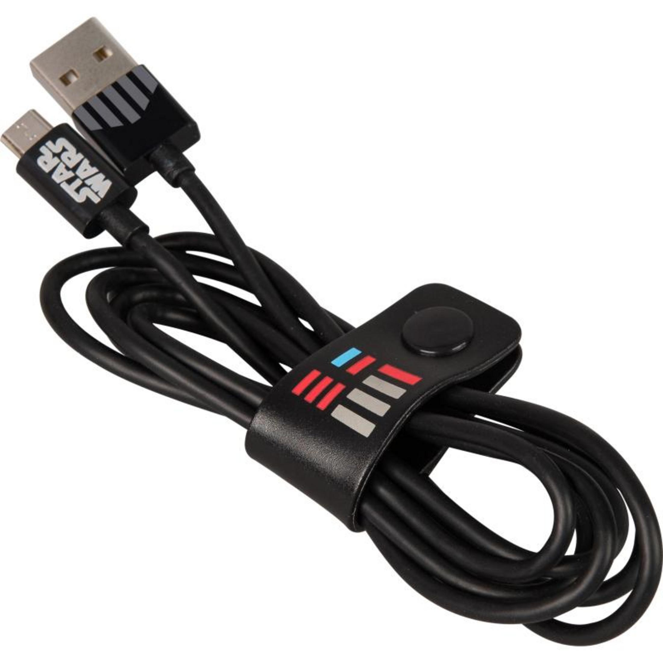 Cavo di ricarica nero di Star Wars con connettori USB e Micro-USB e cinturino in velcro.