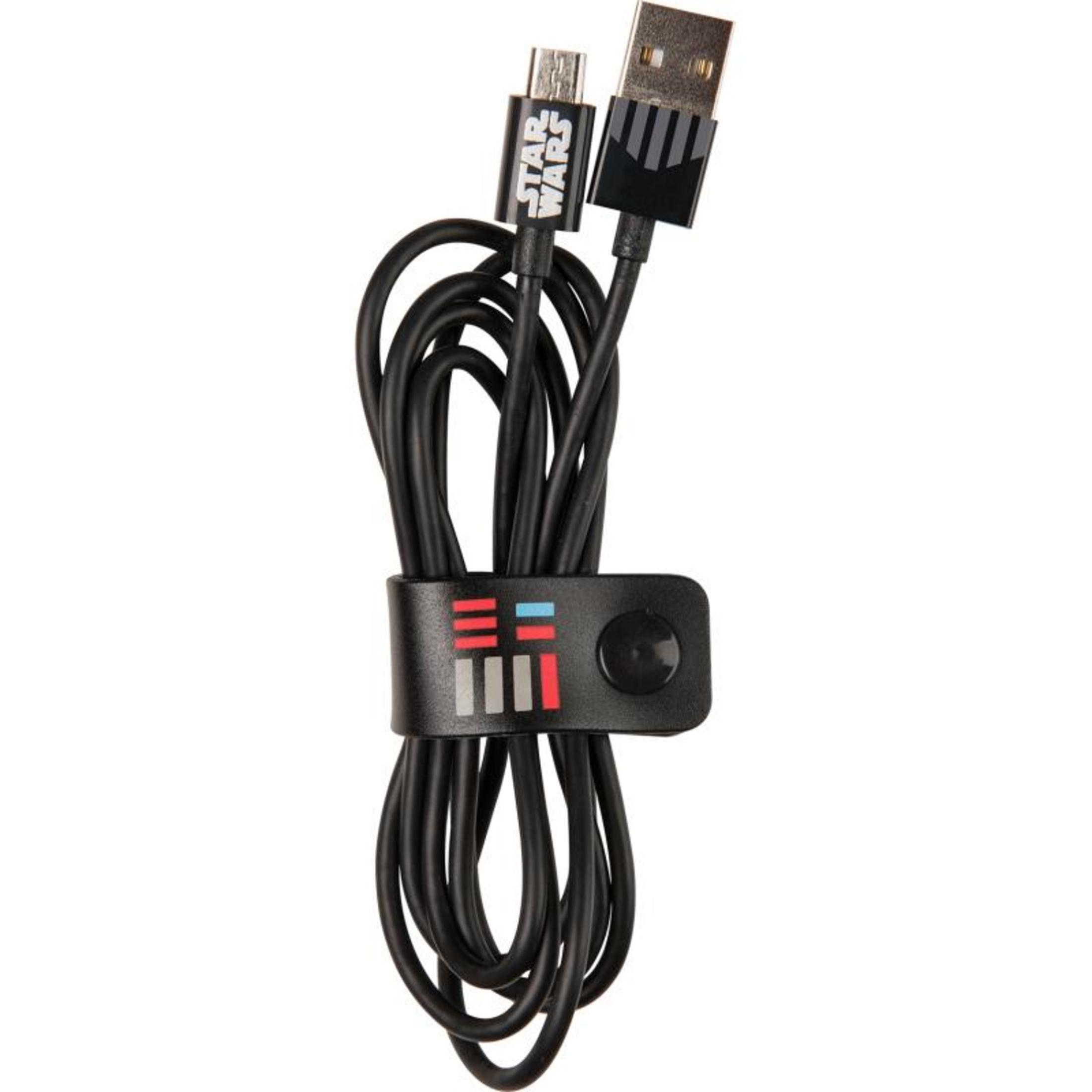 Cavo USB nero con logo Star Wars e strisce colorate su cinturino in velcro.