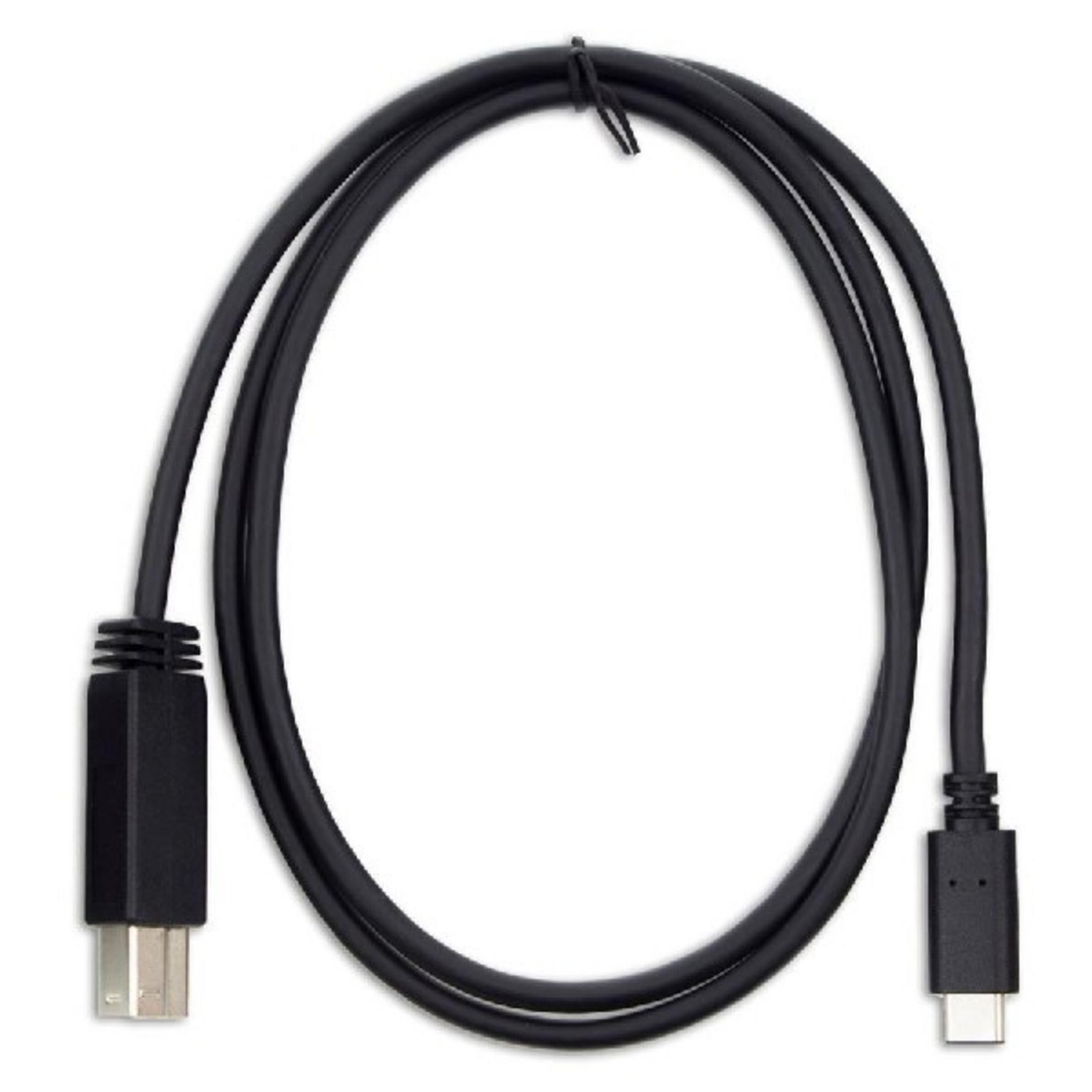 Un cavo USB-A a USB-C nero arrotolato su sfondo bianco. Entrambe le estremità sono visibili.