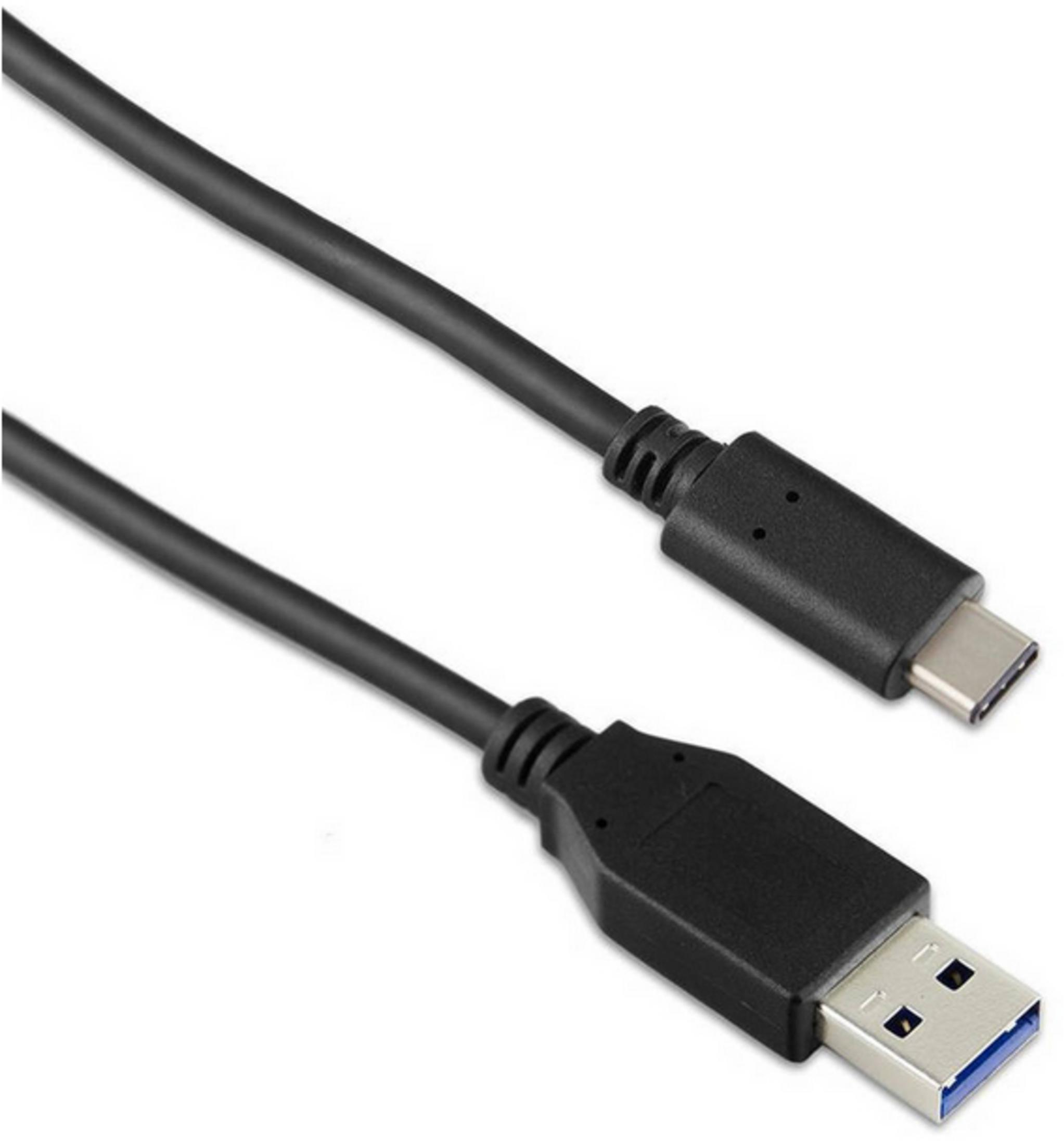 Un cavo USB-C a USB-A nero con connettori metallici, su sfondo bianco.