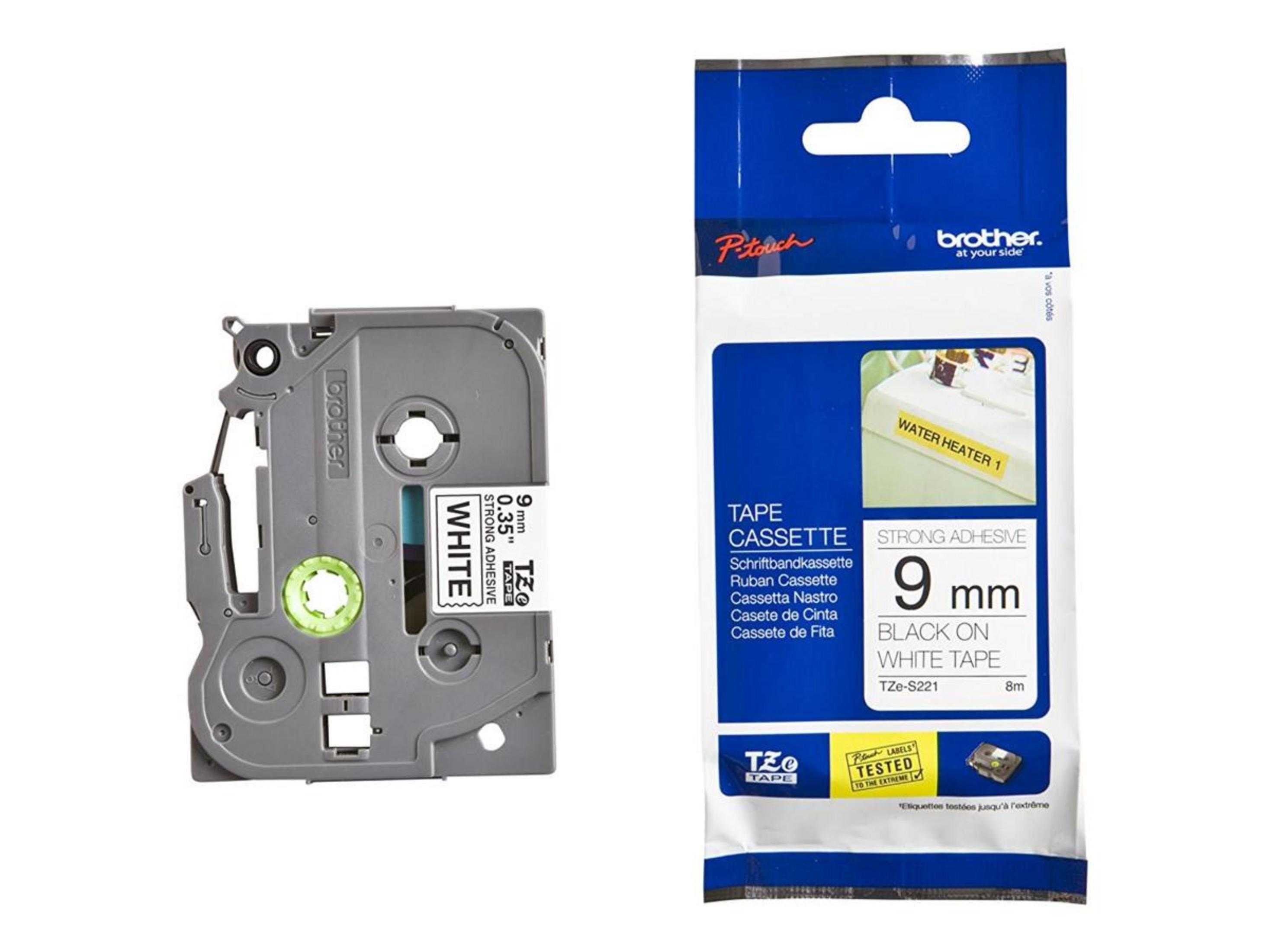 Un nastro a cassetta Brother P-Touch TZe-S221 con testo nero su nastro bianco.
