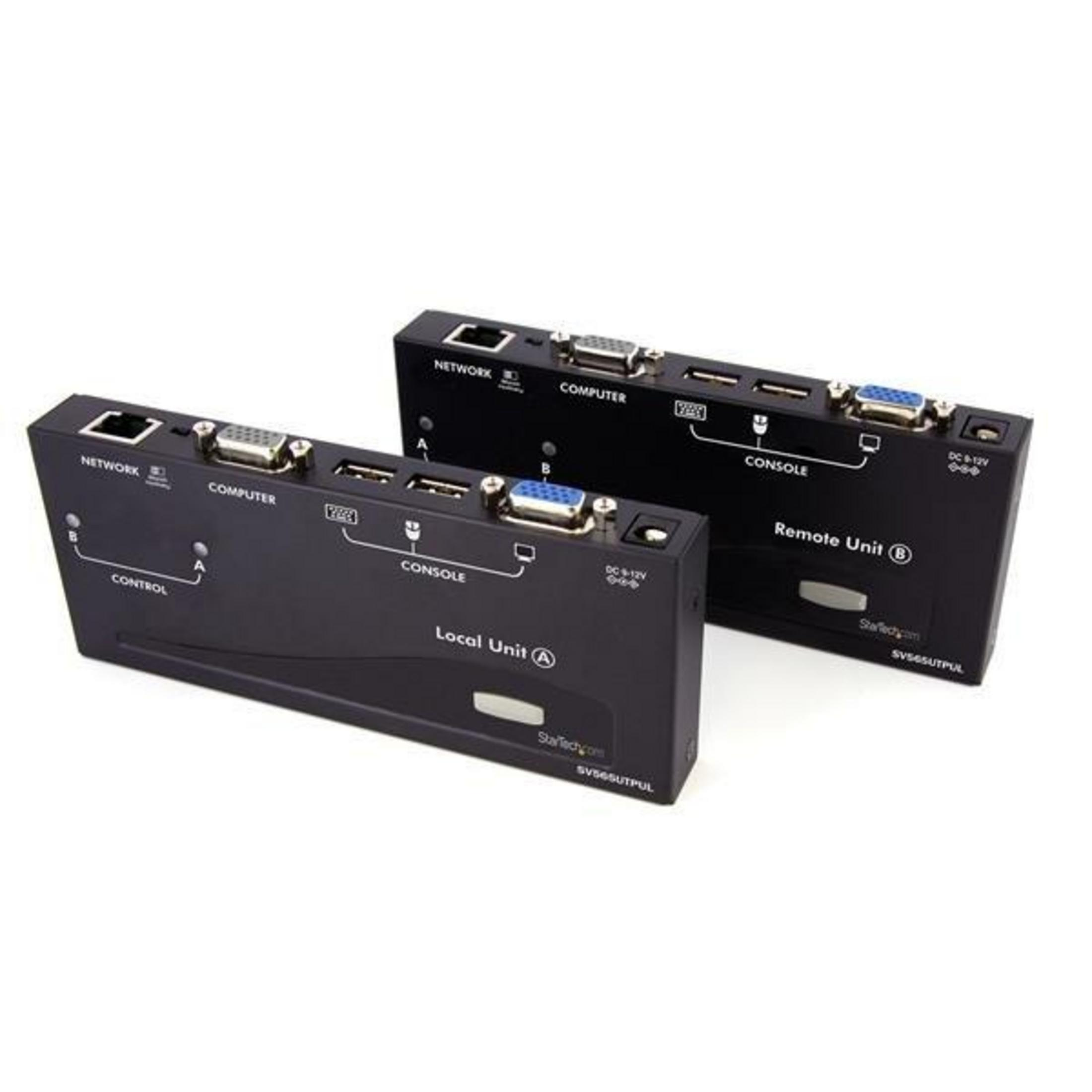 Zwei schwarze KVM-Einheiten, Local Unit A und Remote Unit B, mit Anschlüssen.