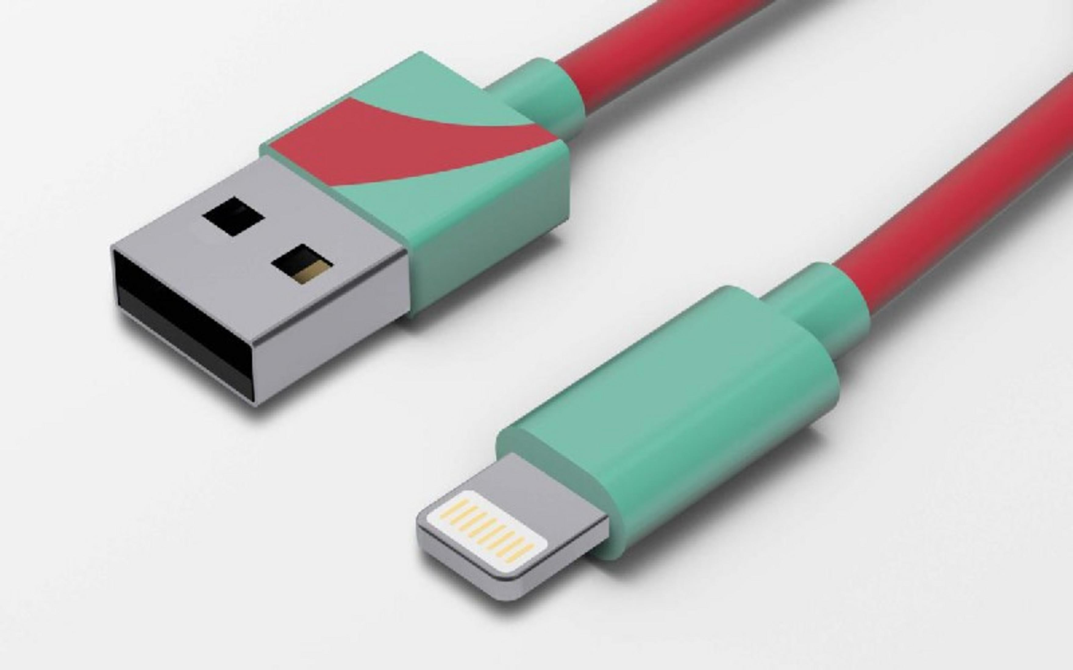 Un cavo di ricarica rosso con accenti verdi, connettori USB e Lightning.