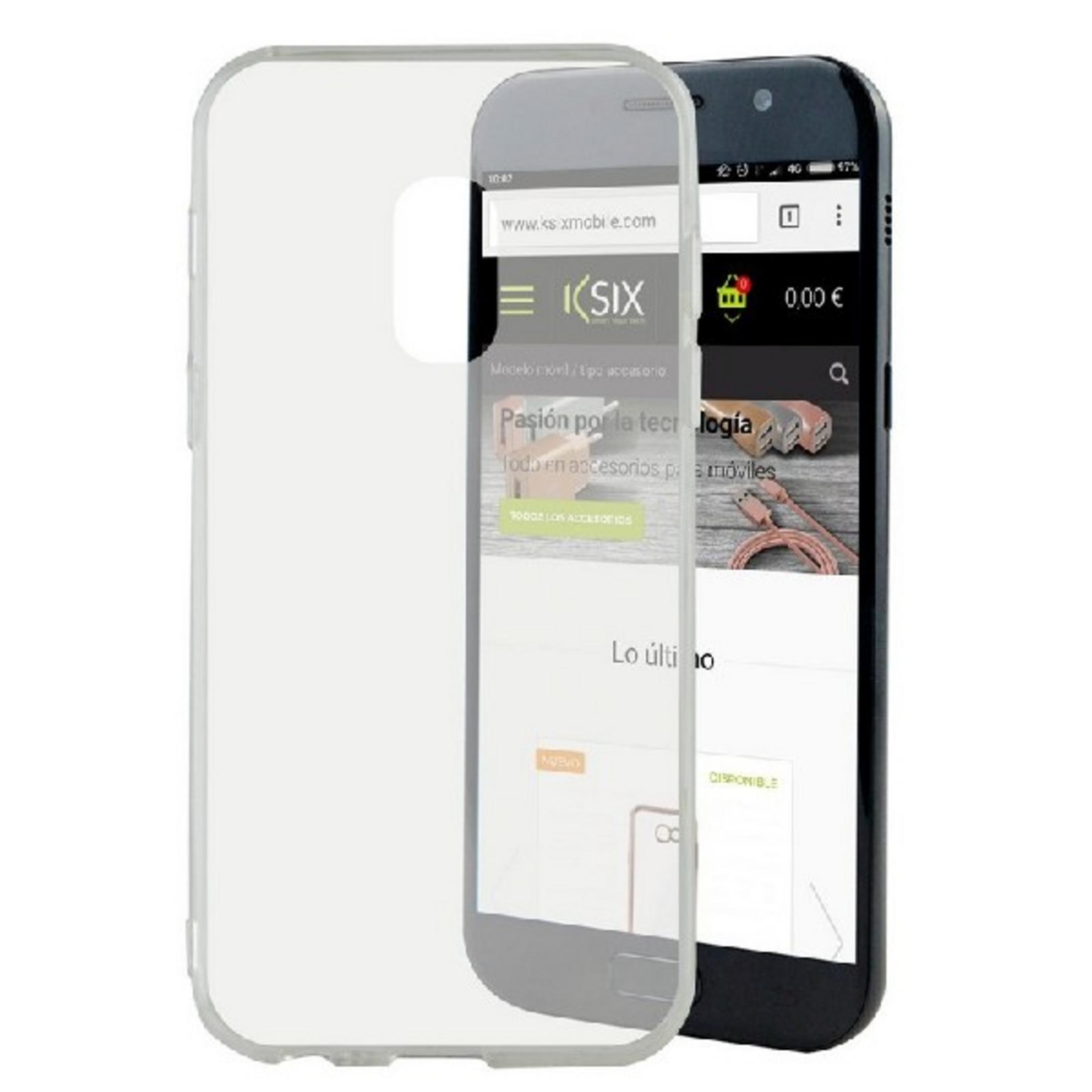 Uno smartphone con custodia trasparente, mostra schermata negozio online.