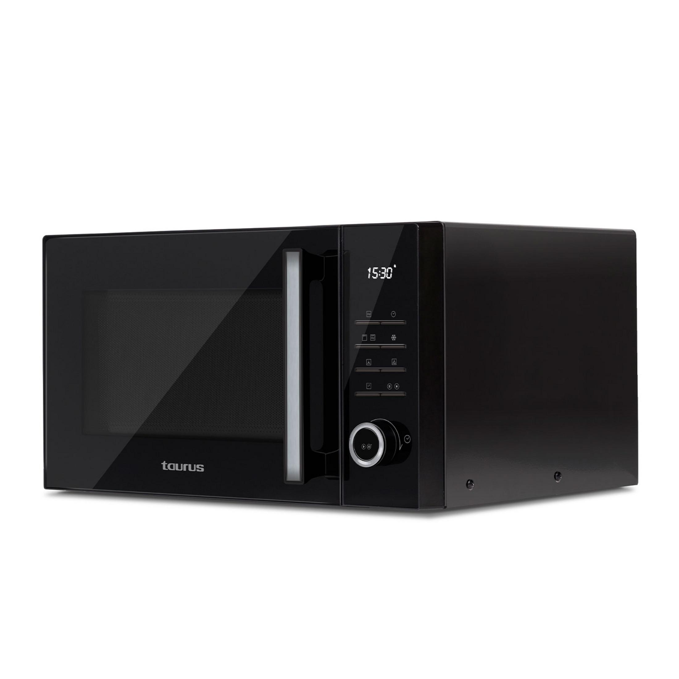 Horno microondas Taurus negro con pantalla digital y botones de control.