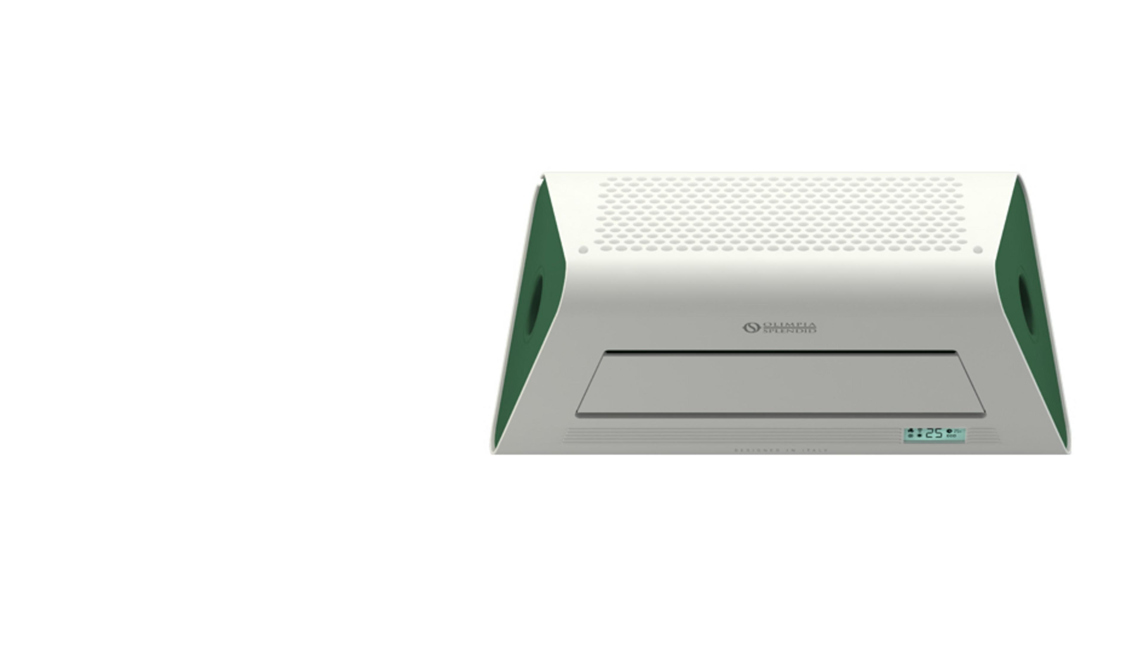 Un deumidificatore bianco con lati verdi e display digitale.