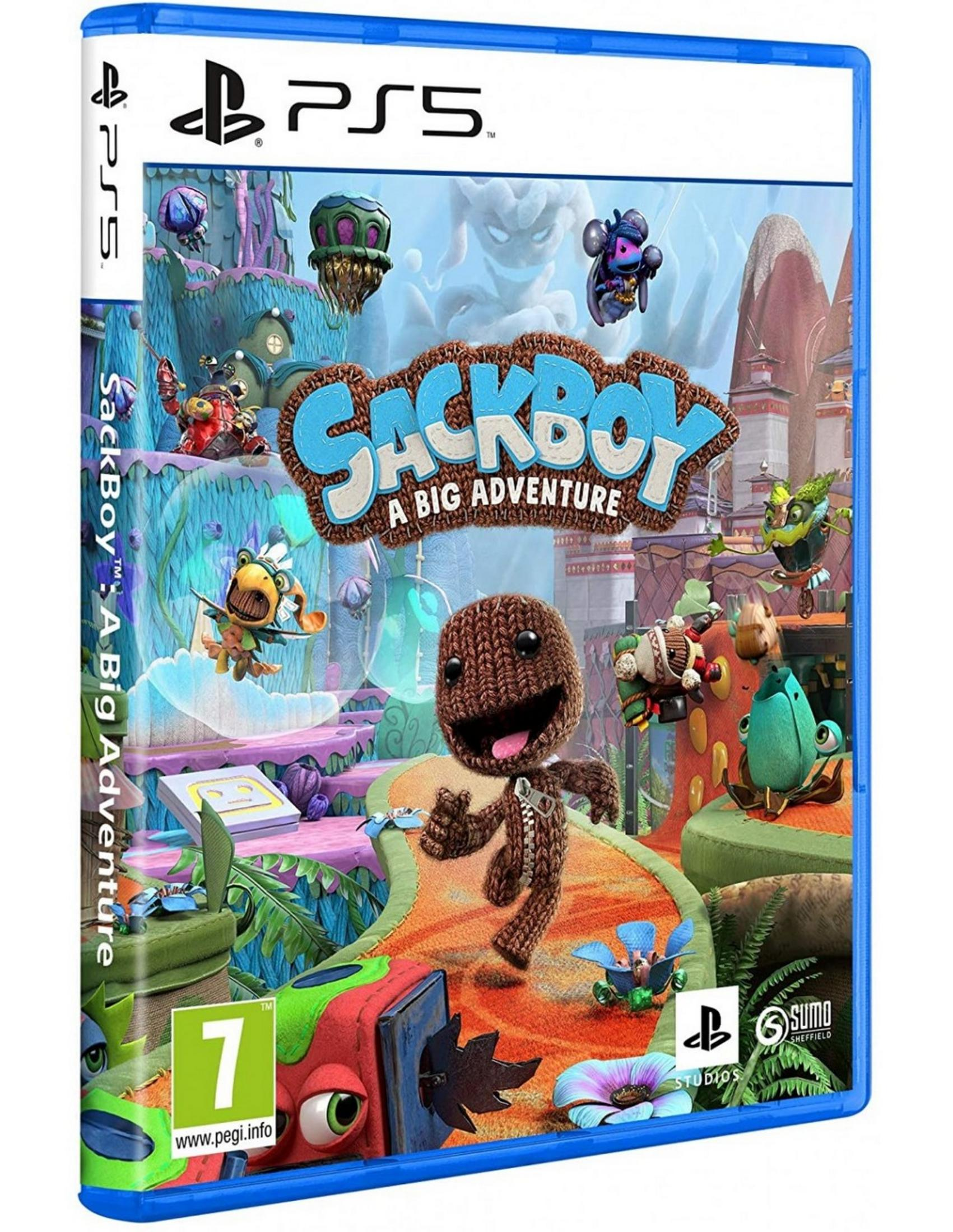 Custodia gioco PS5 Sackboy: A Big Adventure con Sackboy e personaggi colorati.