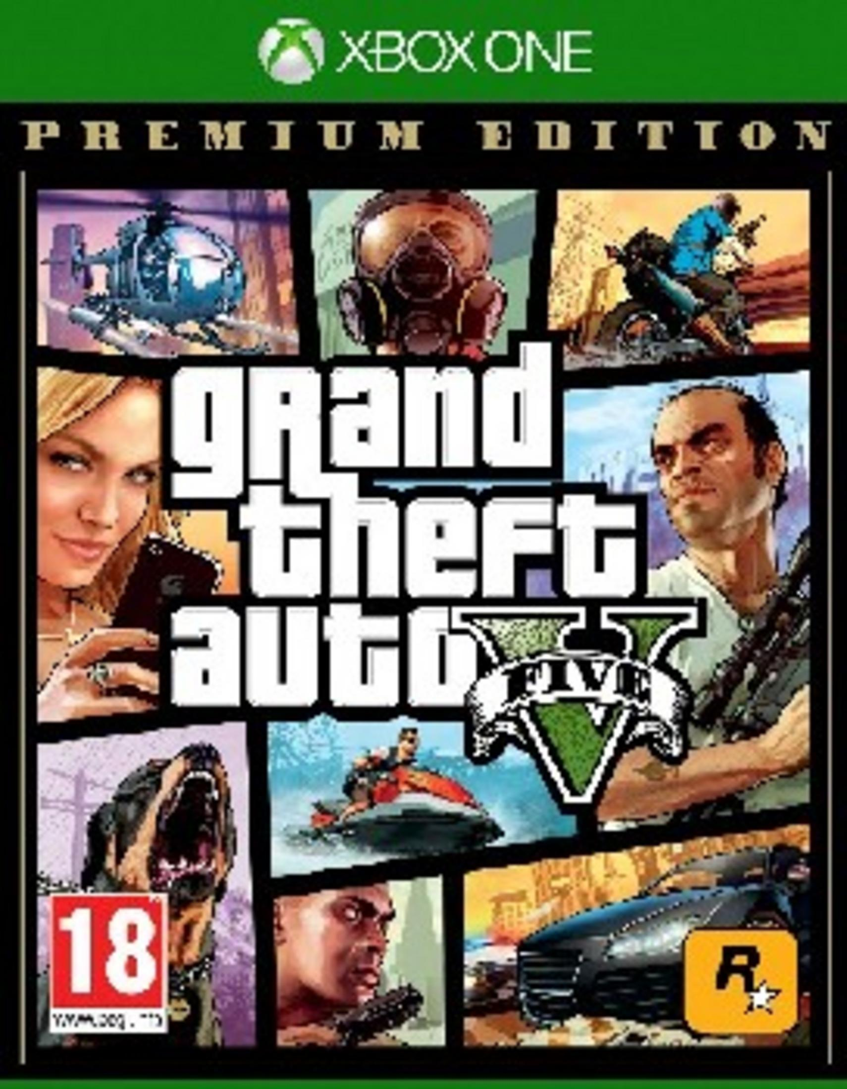 Portada de GTA V Premium Edition para Xbox One, con escenas: helicóptero, máscara de gas, moto, mujer, Rottweiler, moto acuática, hombre, coche.