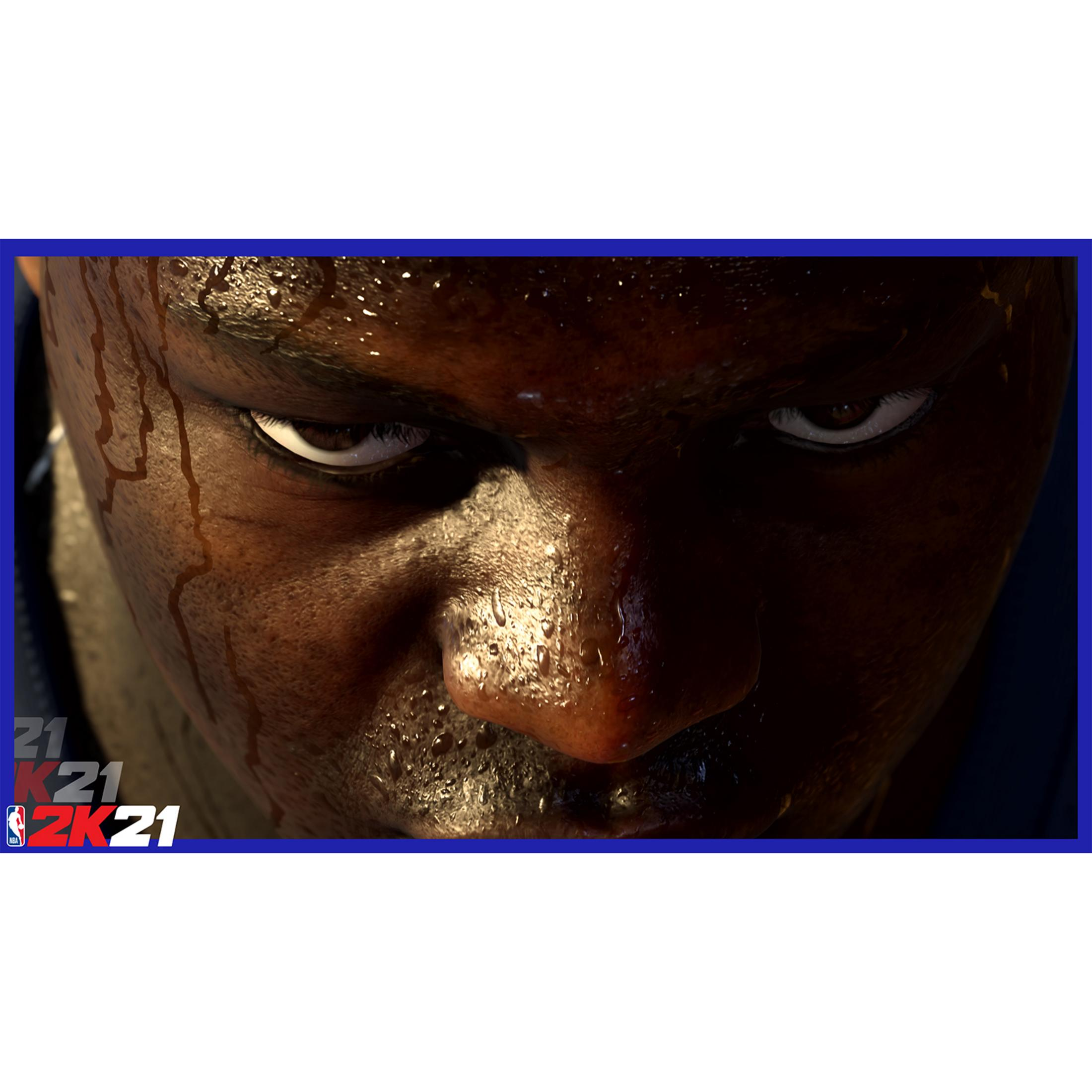 Primer plano de una cara sudorosa con gotas de agua, logo de NBA 2K21.