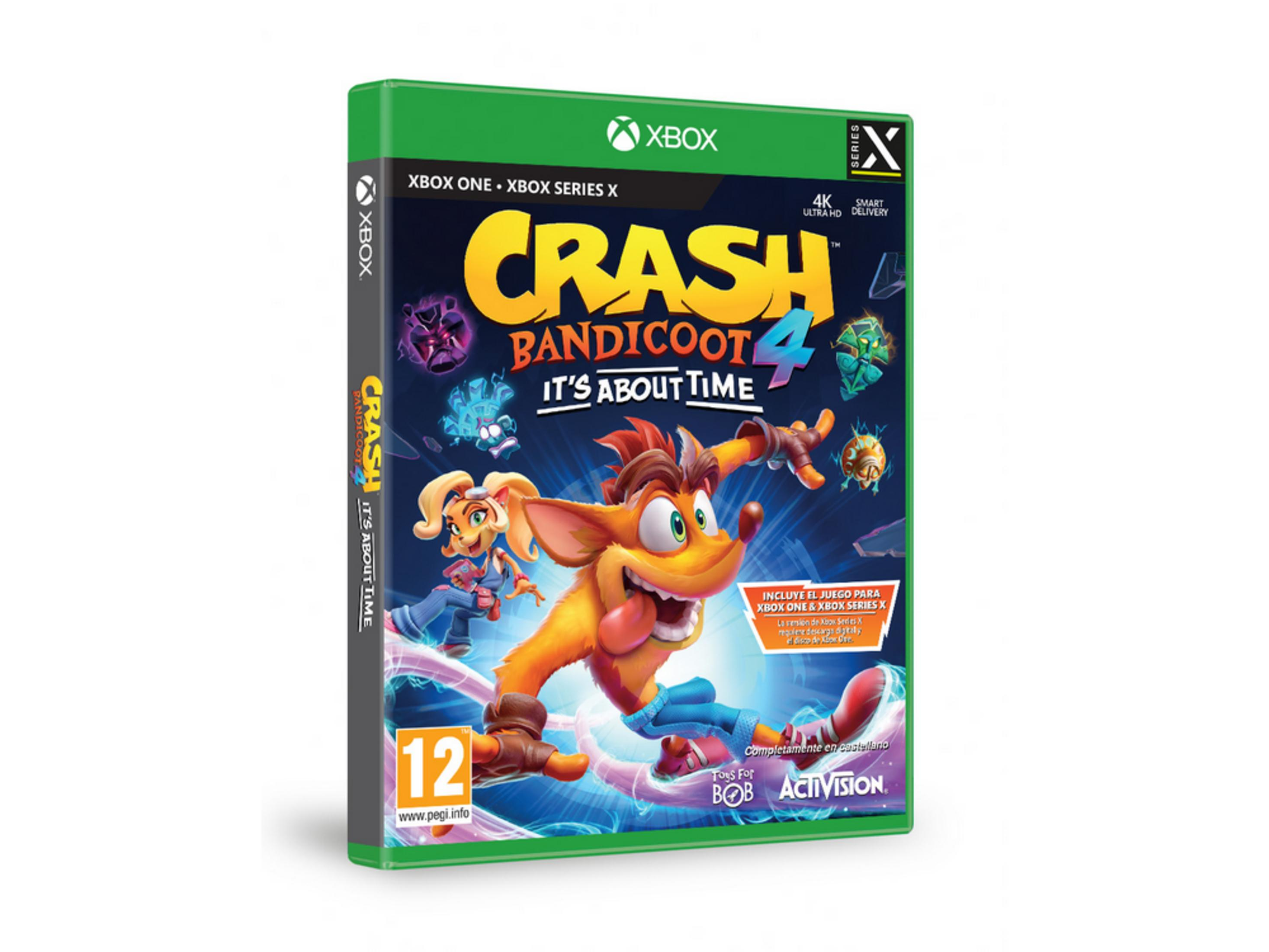 Copertina del gioco Xbox Crash Bandicoot 4: It's About Time con Crash e Coco su sfondo cosmico scuro.