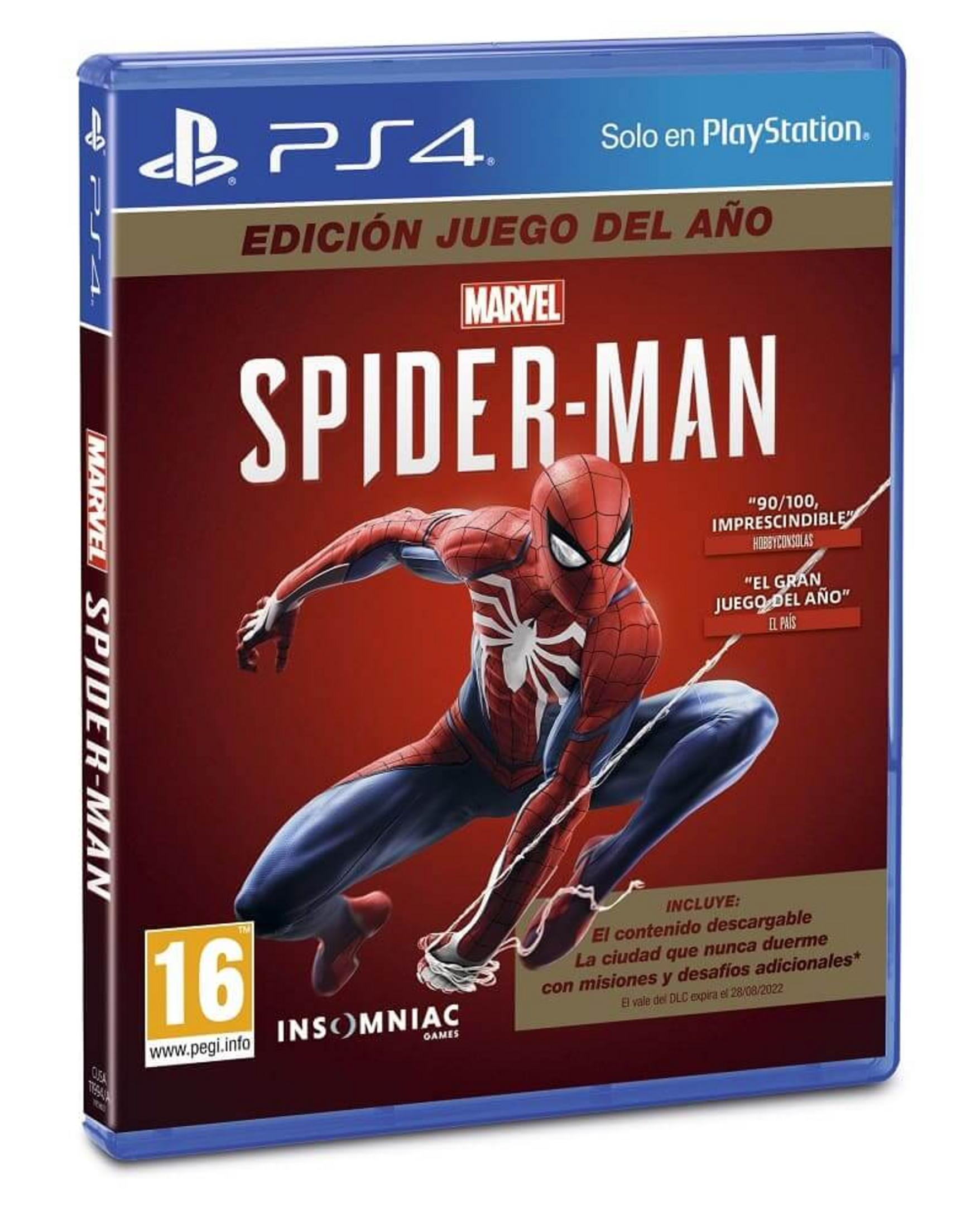 Copertina del gioco Spider-Man per PS4, con Spiderman in azione, PEGI 16.