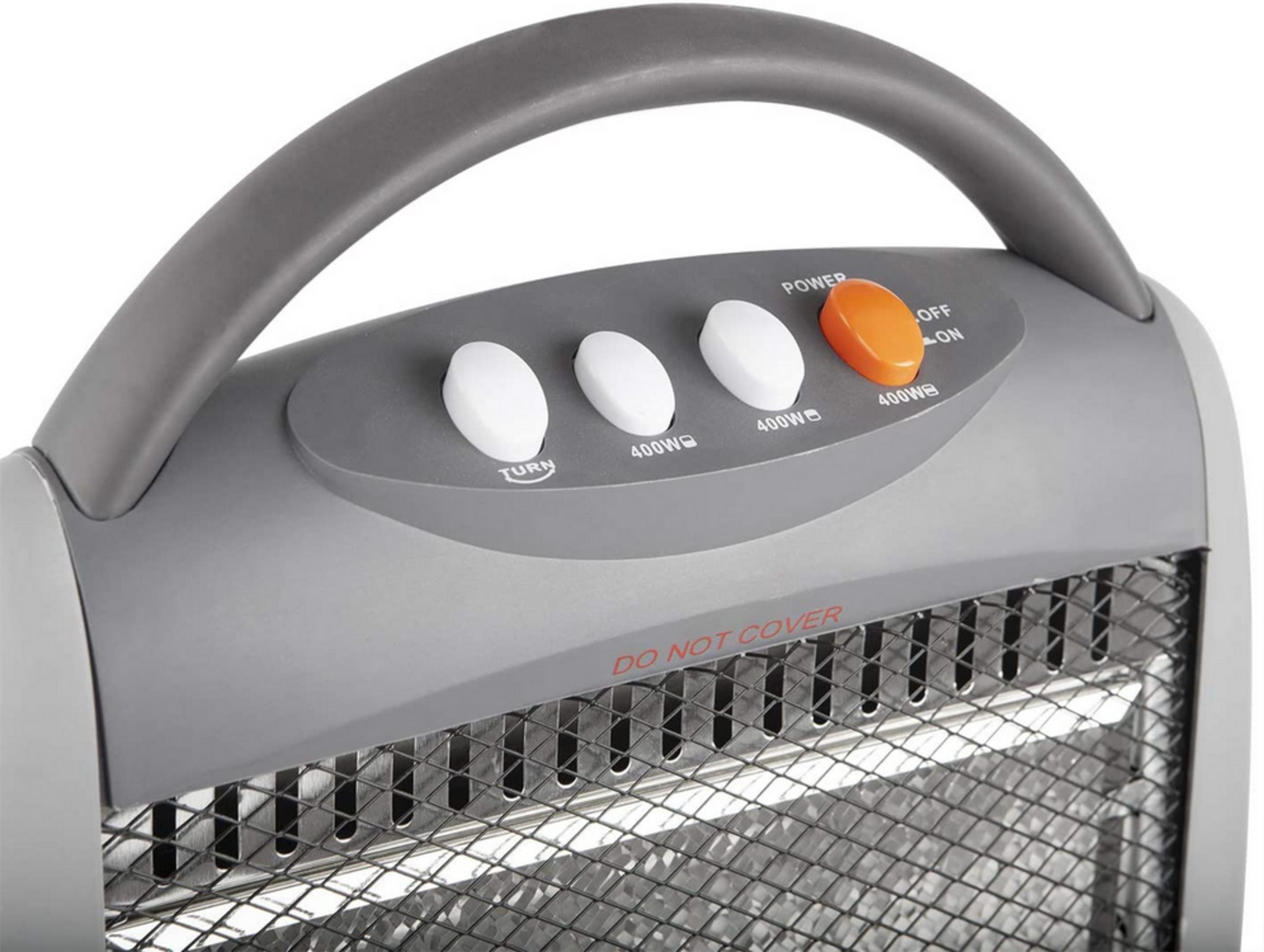 Calentador gris con asa, botones blancos y interruptor de encendido naranja.