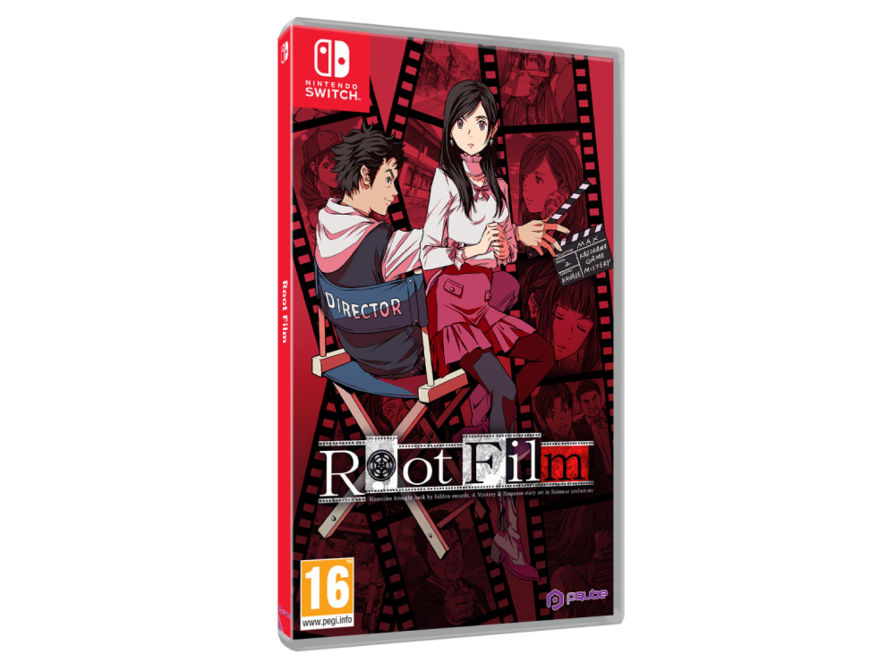 Funda de juego de Nintendo Switch con personajes de anime, silla de director y tiras de película.