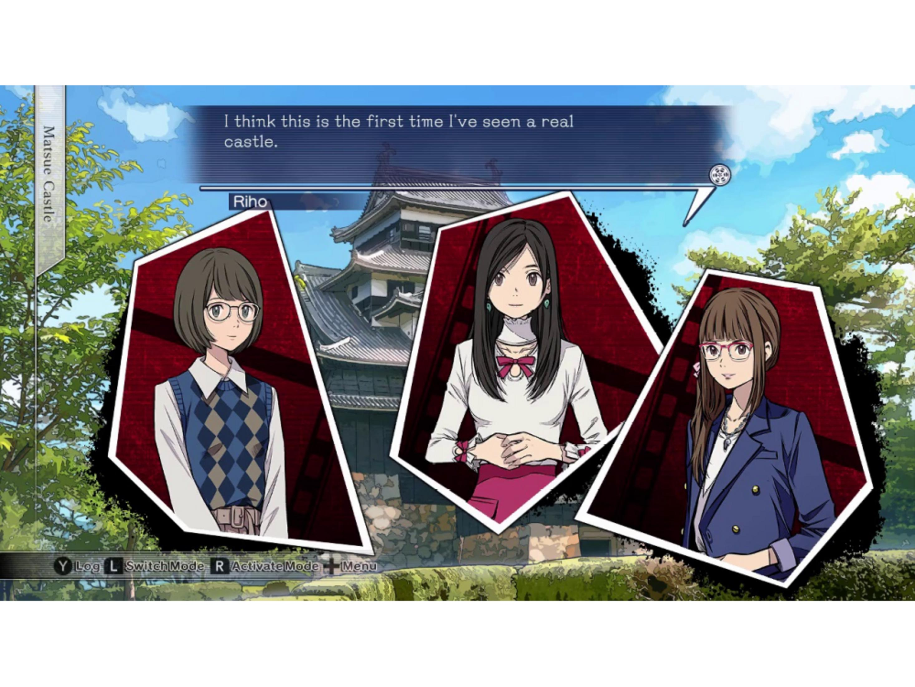 Tres chicas de anime frente al castillo de Matsue. Caja de texto: 'Creo que es la primera vez que veo un castillo de verdad.'