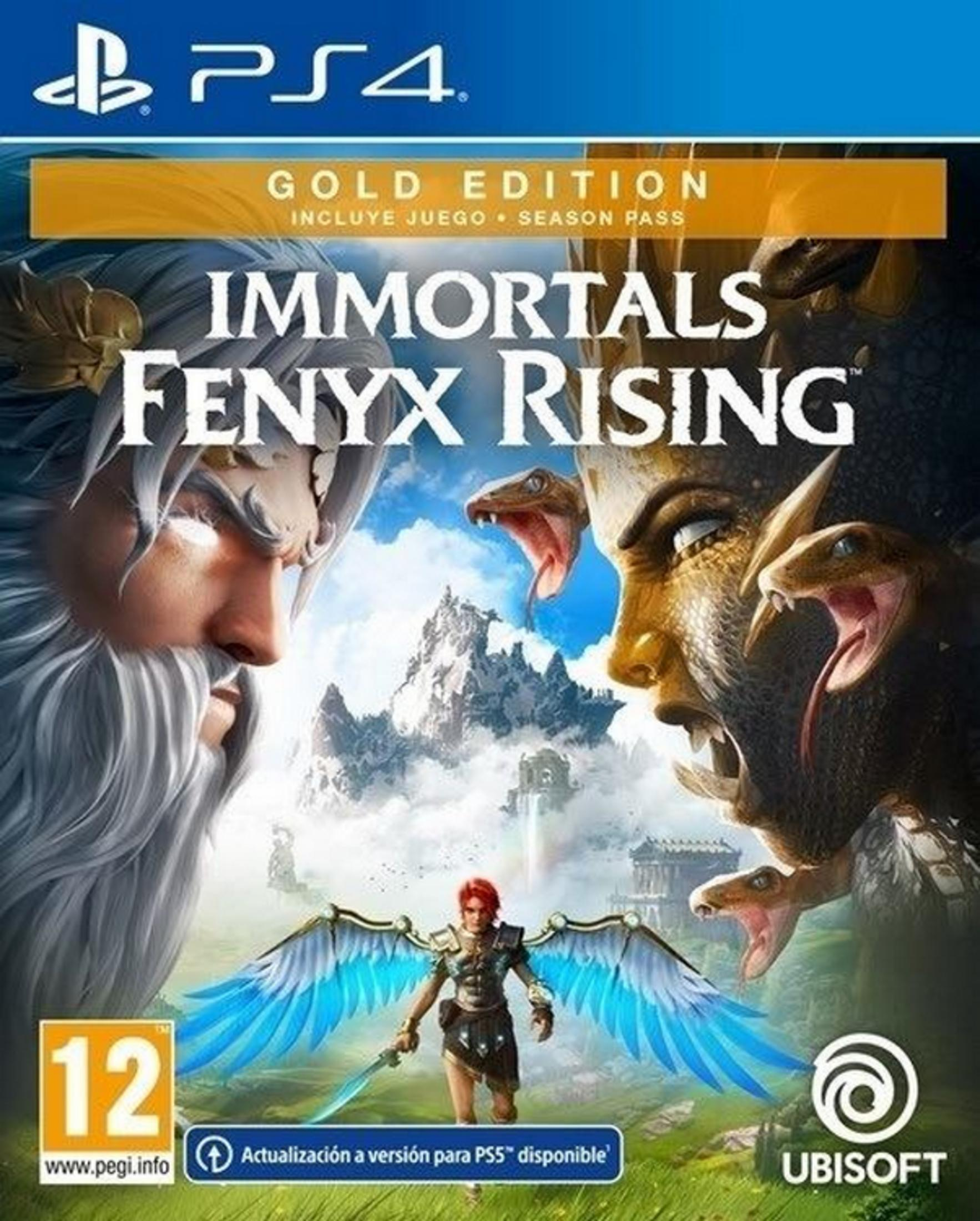 Copertina del gioco Immortals Fenyx Rising con divinità, figura alata e serpenti.