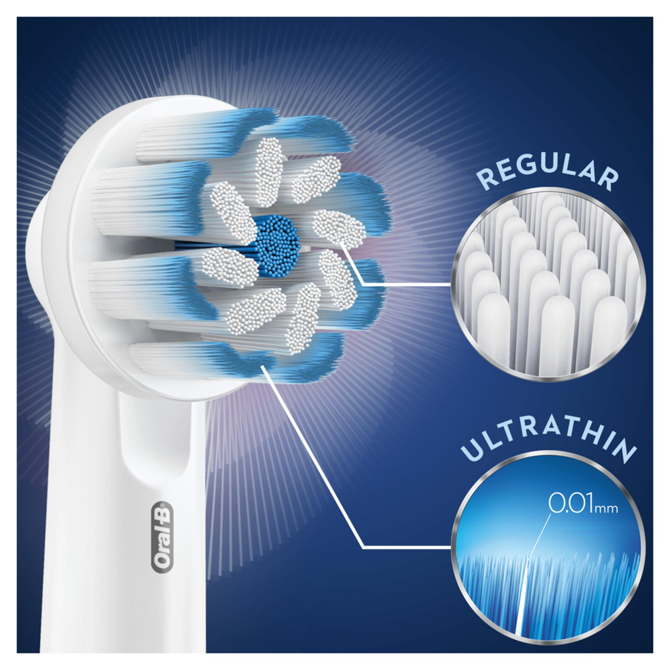 Primer plano de un cabezal de cepillo Oral-B con cerdas azules y blancas. Destaca "Regular" y "Ultrathin 0.01mm".