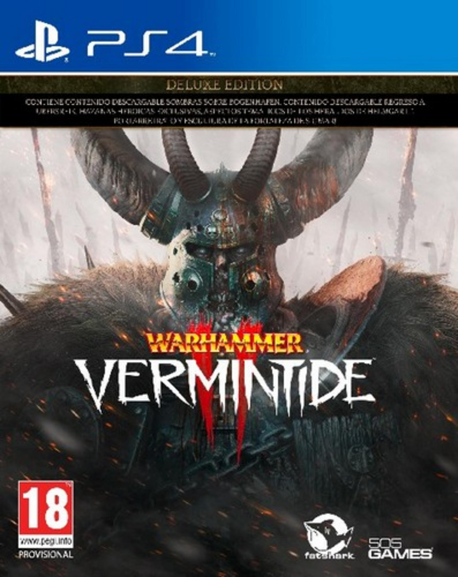 Copertina Warhammer Vermintide 2 Deluxe Edition PS4. Un guerriero cupo con elmo cornuto e pelliccia.