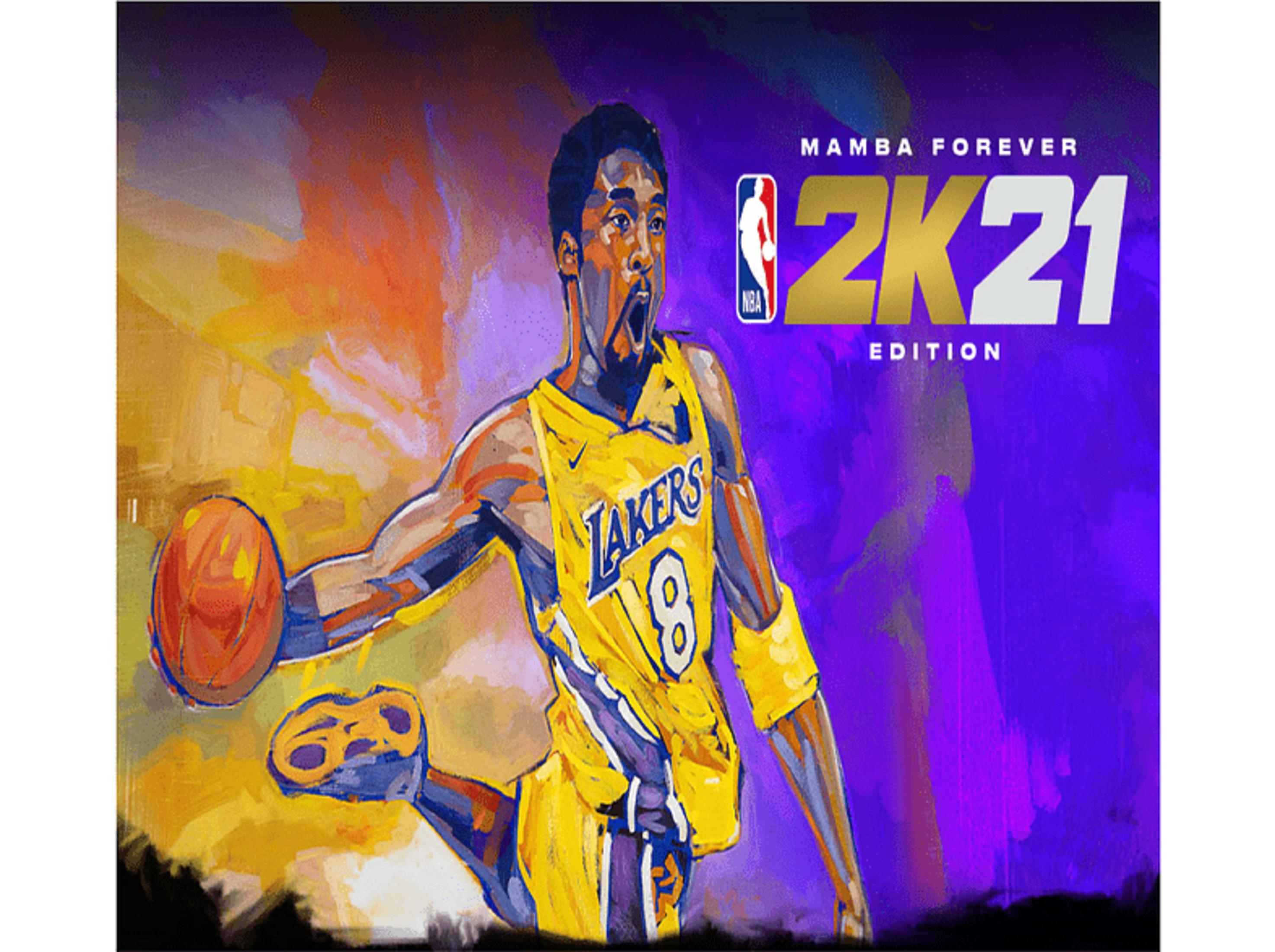 Kobe Bryant con camiseta de los Lakers driblando, NBA 2K21 Mamba Forever Edition.