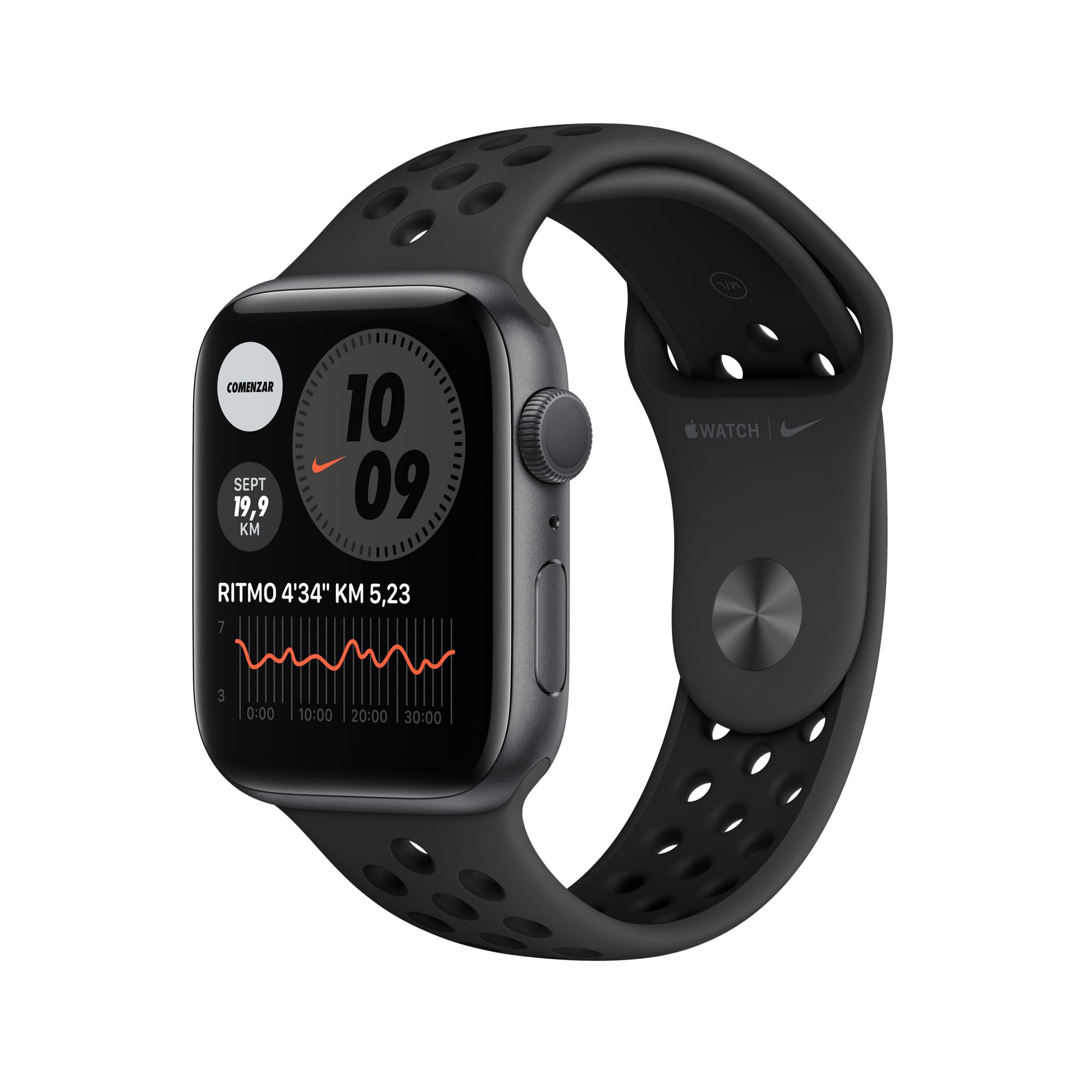 Un Apple Watch negro con correa perforada, mostrando datos deportivos en pantalla.