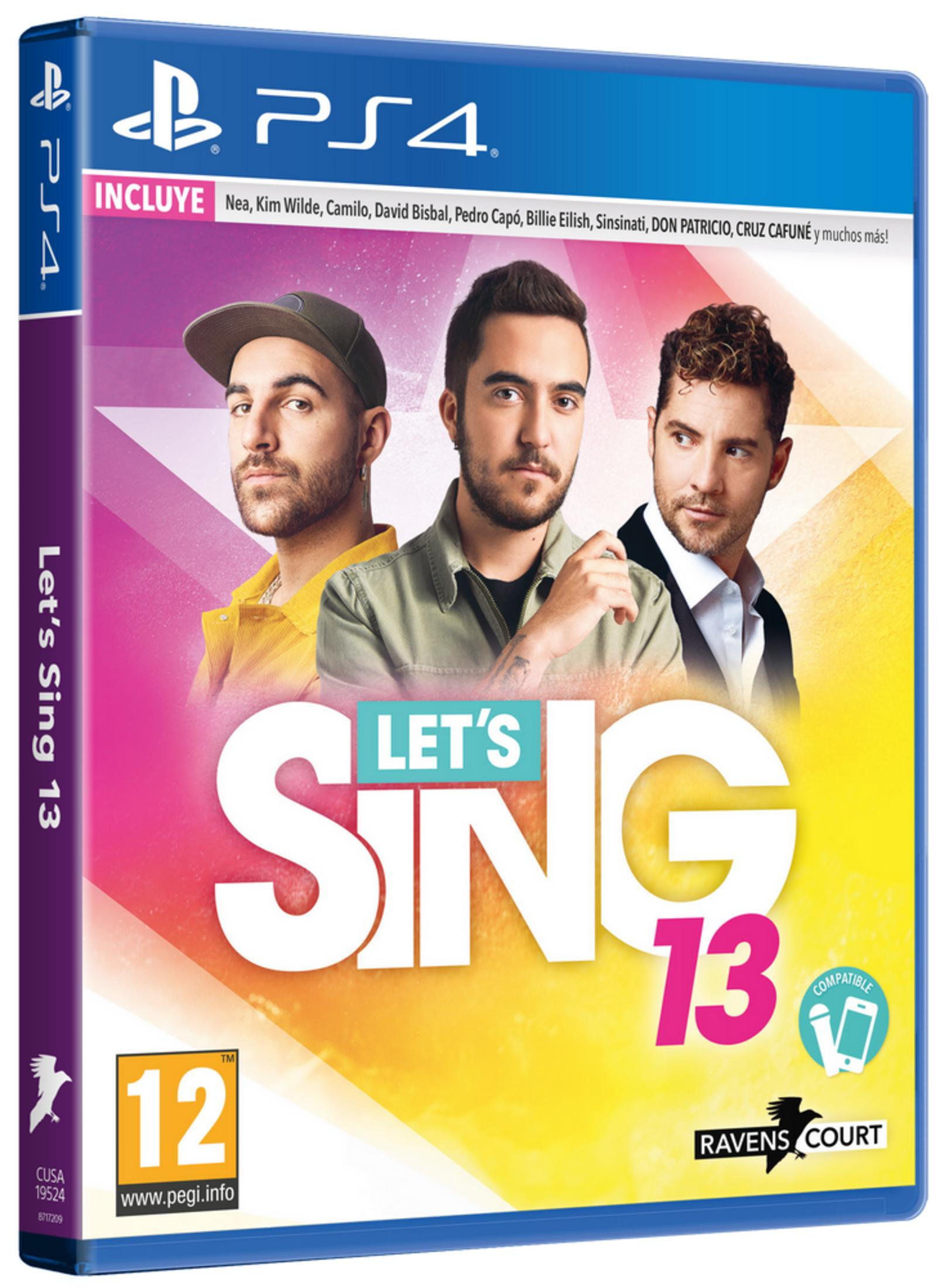 Okładka gry PS4 'Let's Sing 13' z trzema mężczyznami i tytułami piosenek.