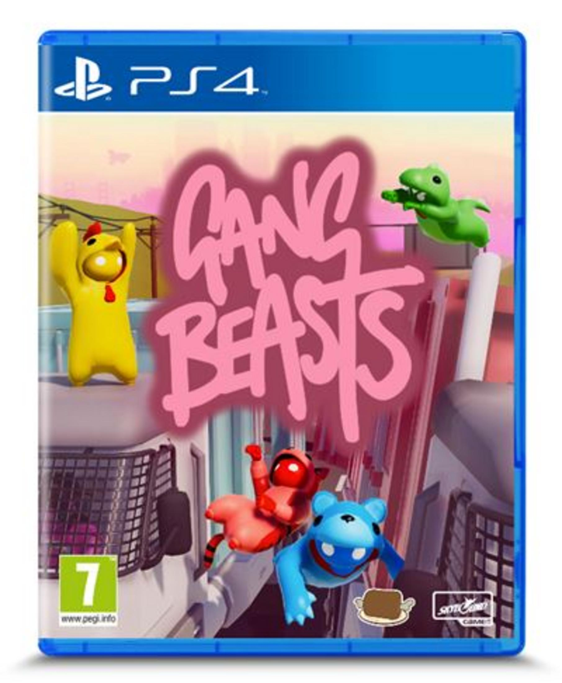 Portada del juego con figuras coloridas: pollo amarillo, oso rojo y azul. Título "Gang Beasts".