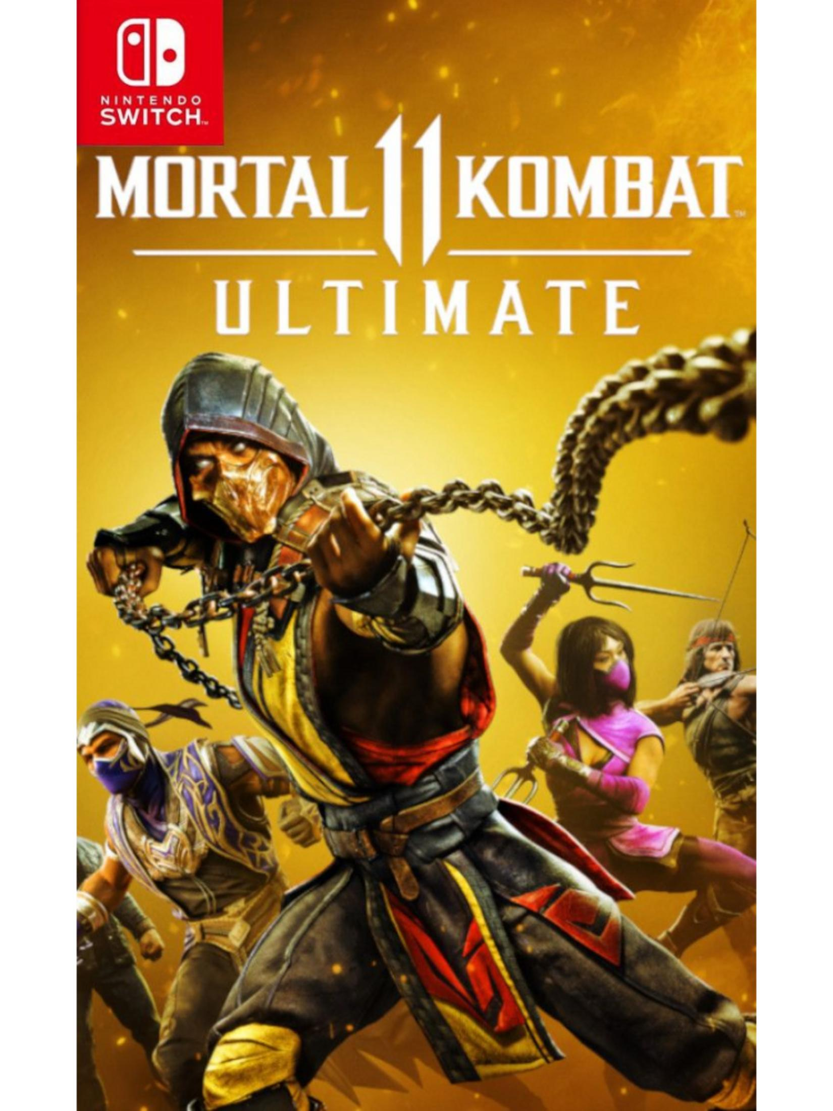 Copertina di Mortal Kombat 11 Ultimate con Scorpion, Sub-Zero, Kitana e Johnny Cage.