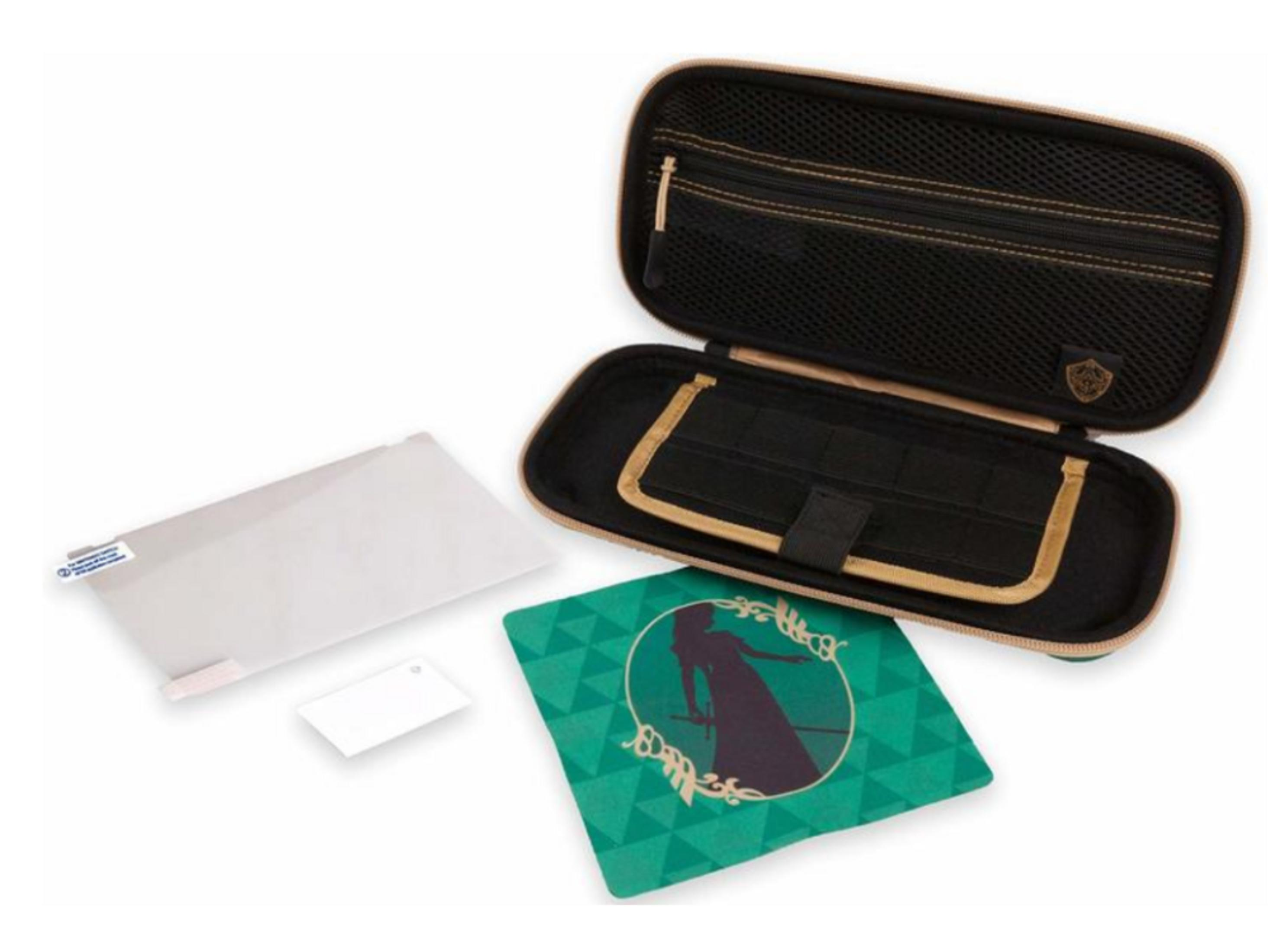 Estuche de juego abierto con accesorios: protector de pantalla, paño y bolsa.