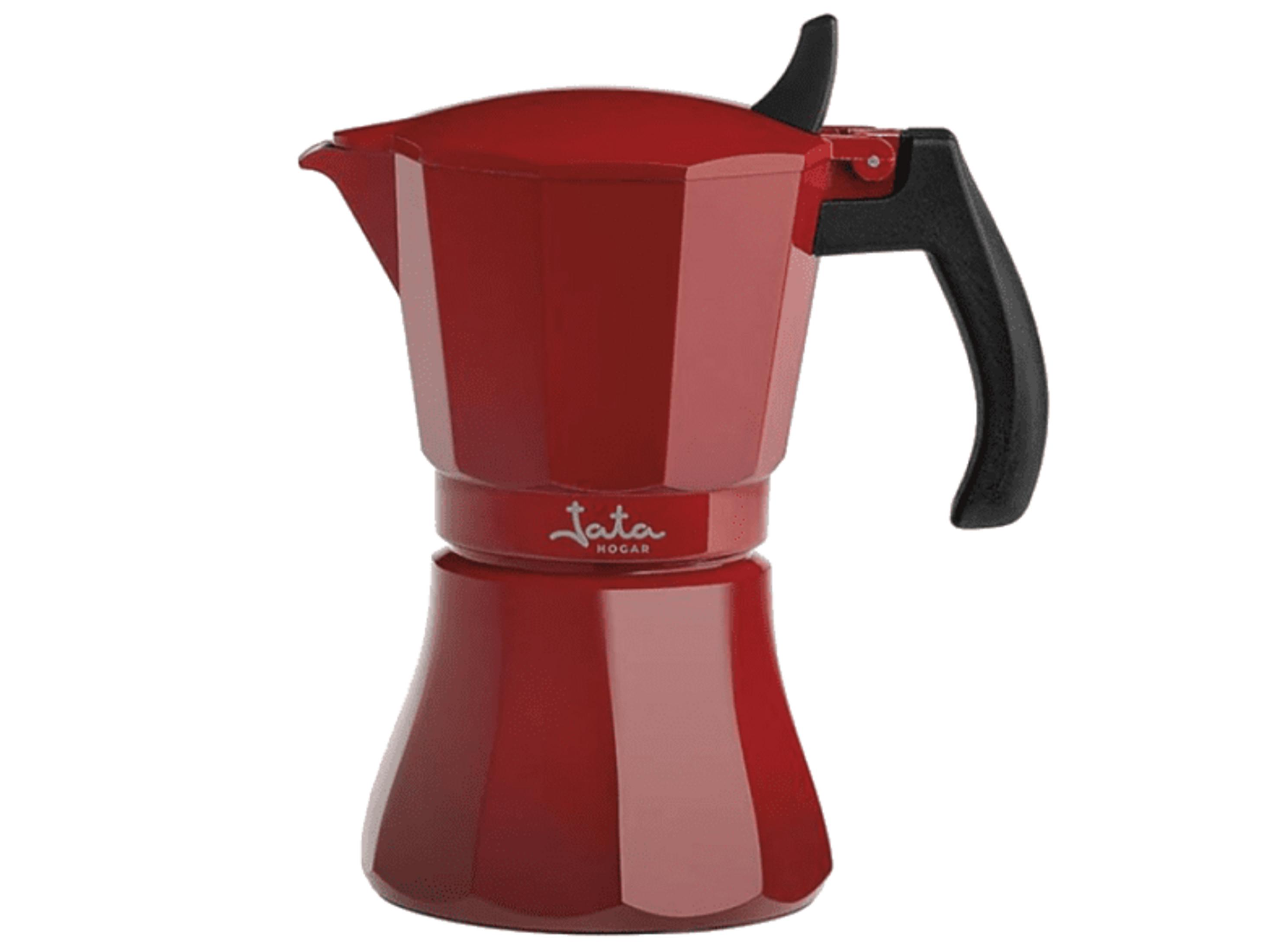 Una caffettiera moka rossa con manico nero su sfondo bianco.