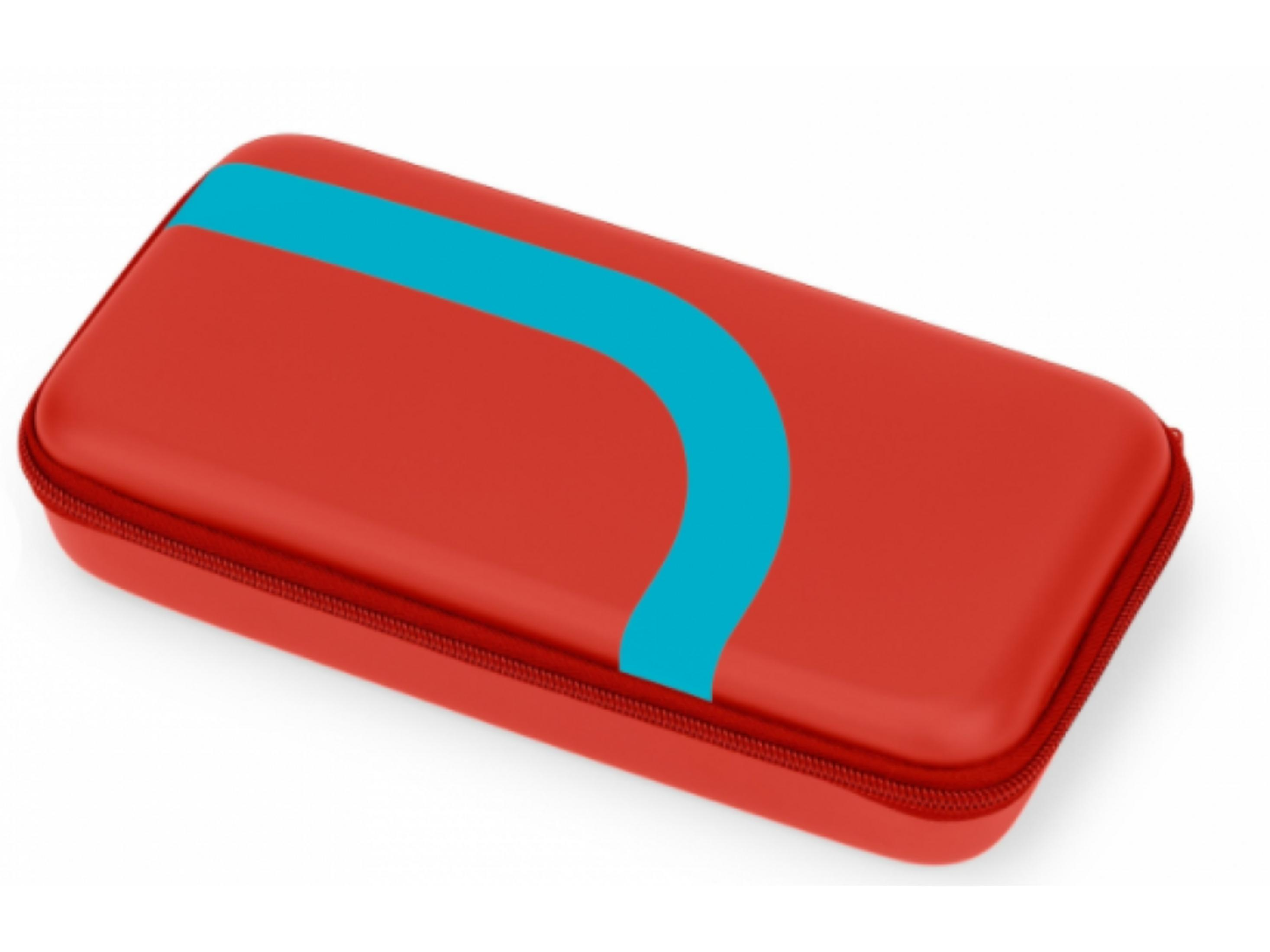 Una funda roja con una franja turquesa, sobre fondo blanco.