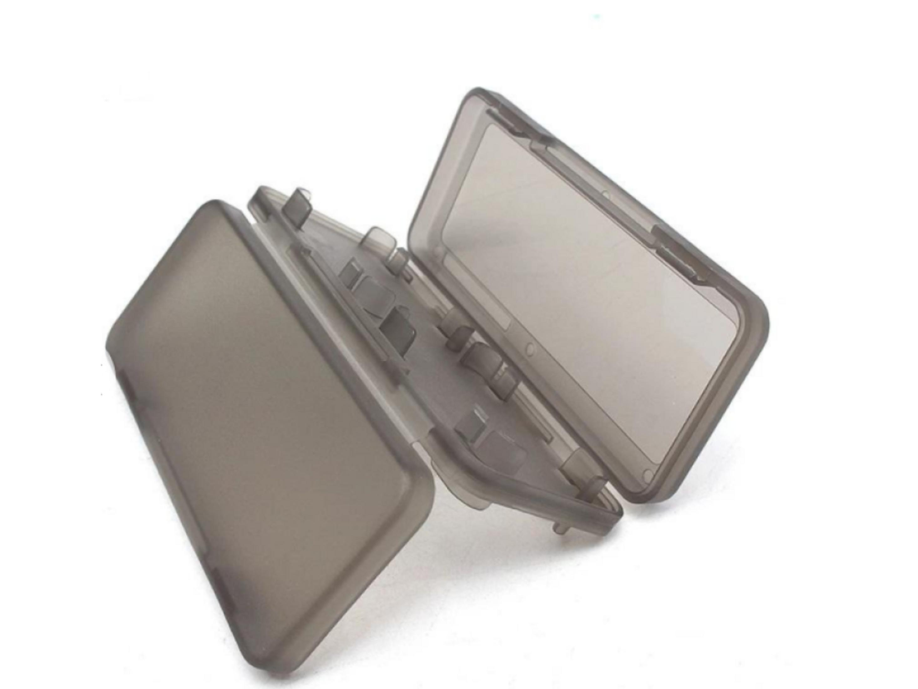 Un estuche transparente gris para tarjetas de juego, abierto, sobre fondo blanco.