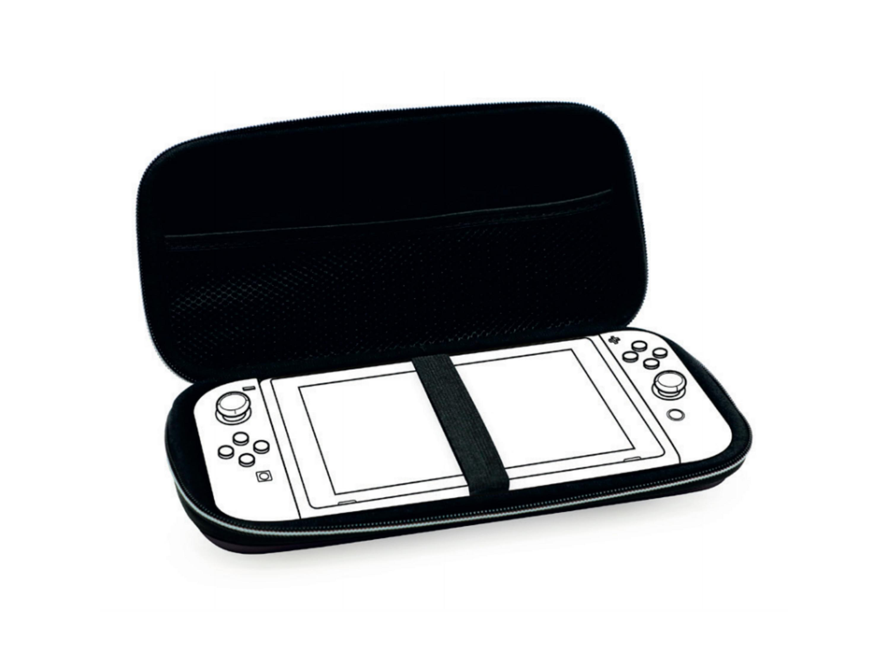 Un estuche negro para un dispositivo de juego blanco con botones negros.