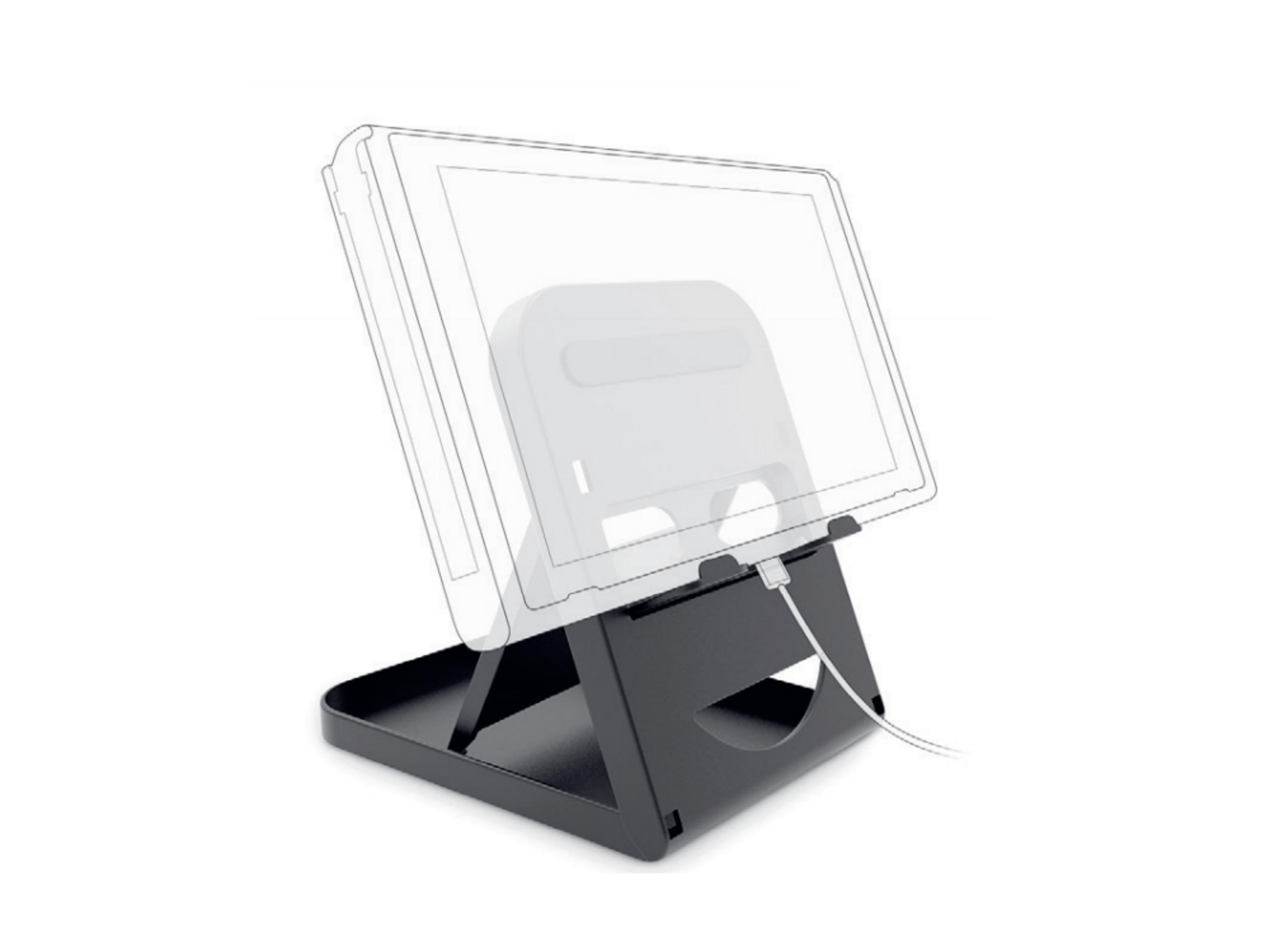 Un soporte negro para tableta con una tableta transparente que se está cargando.
