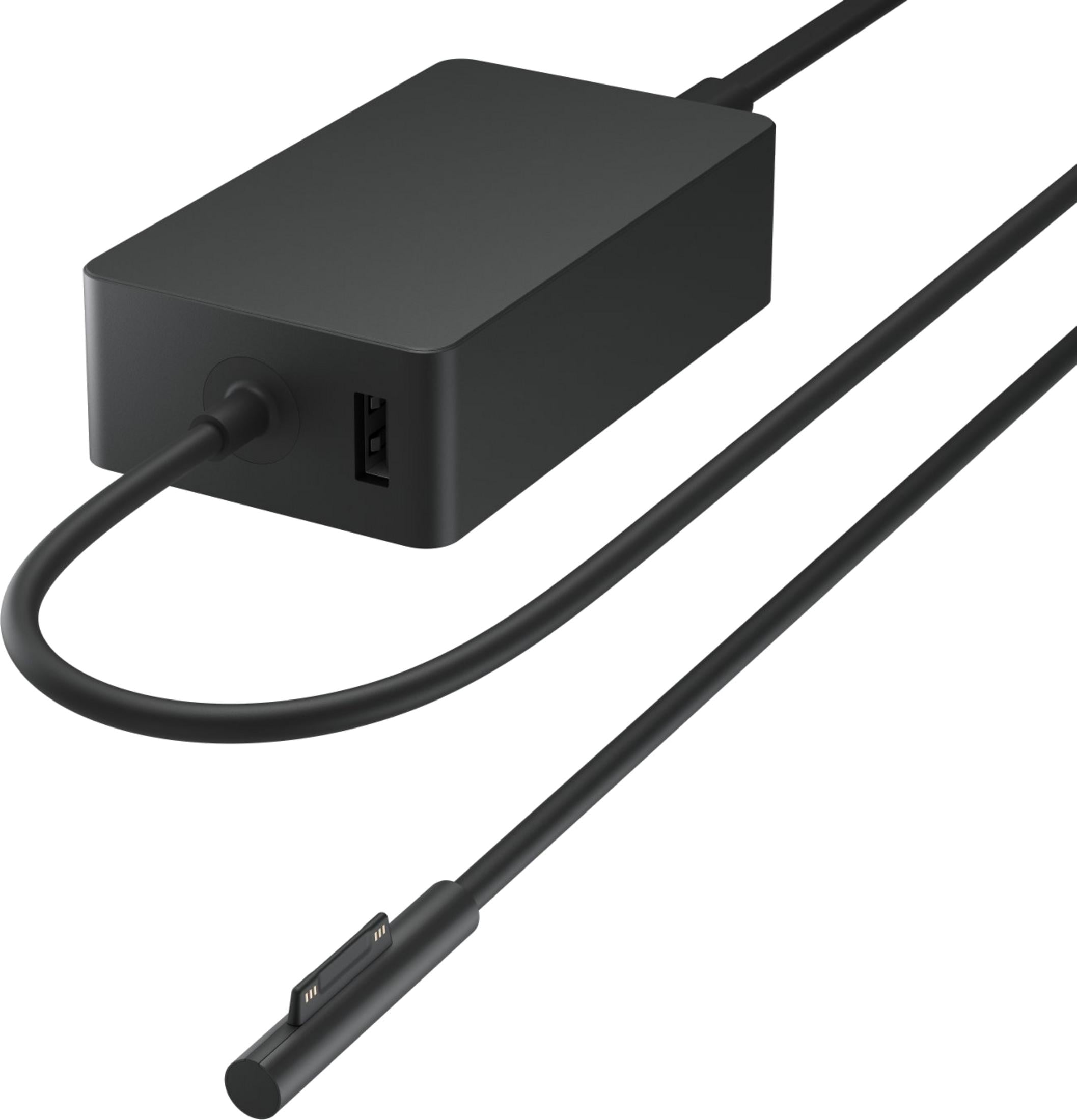 Adattatore di alimentazione nero con cavi e connettore magnetico.