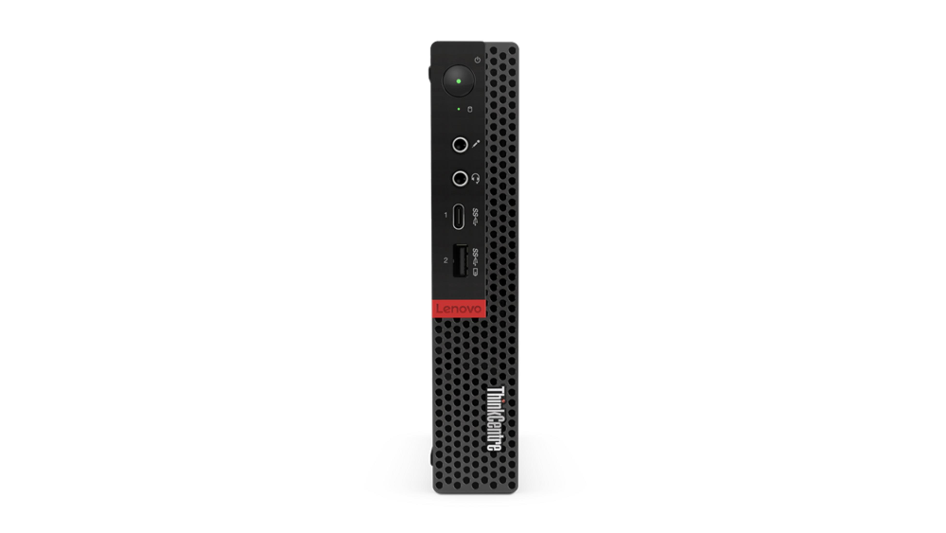 Mini PC Lenovo ThinkCentre negro con puertos y rejilla de ventilación.
